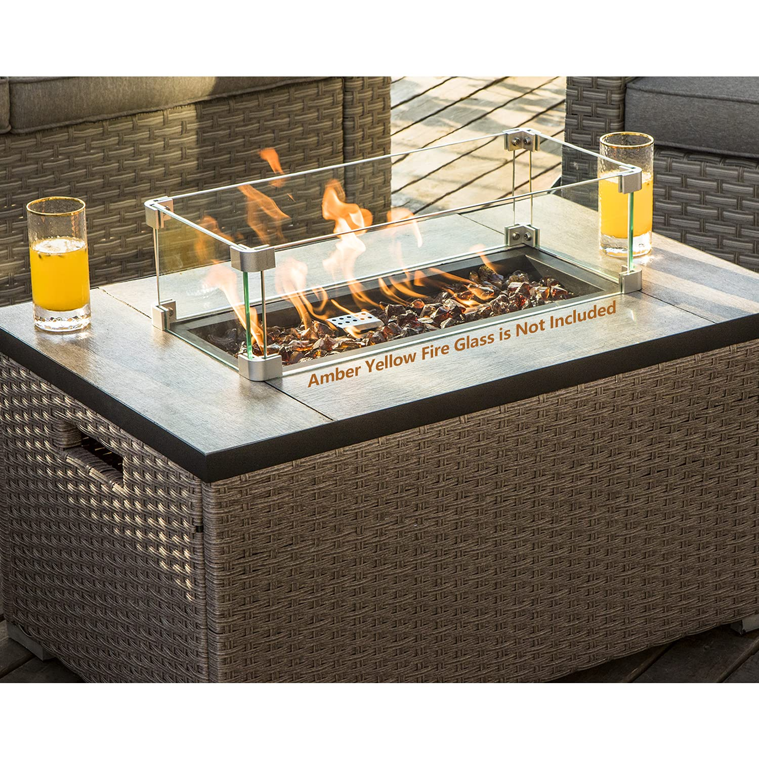 【Furniture】5-Pc Fire Pit Table Outdoor Furniture, Wicker Conversation Set, 4 Pillows w 32