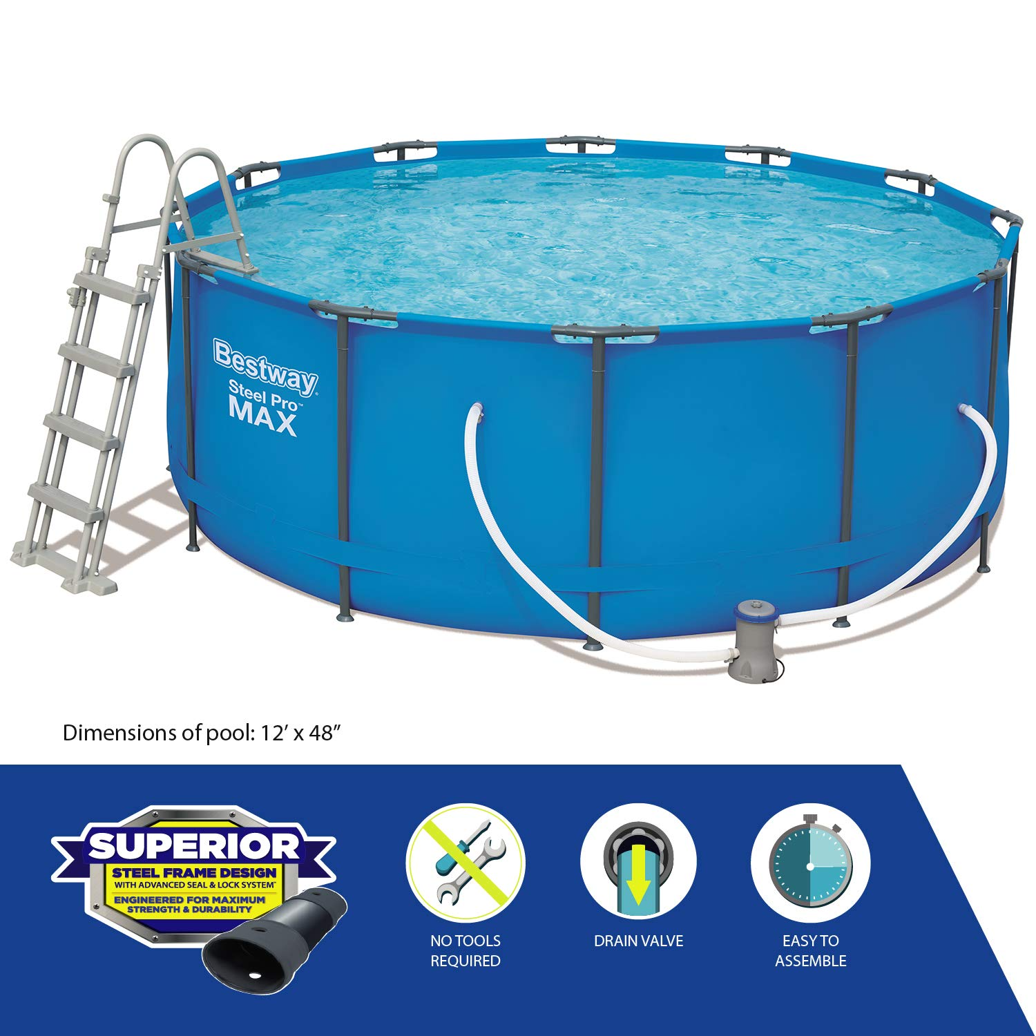 【Sports&Outdoors】Round Frame Swimming Pool with Filter, Steel Pro Max, 12ft