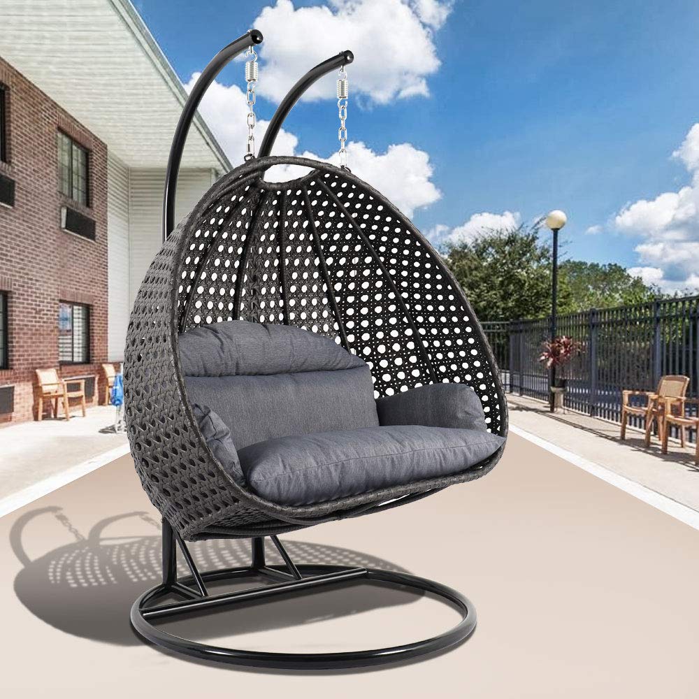 【Furniture】2 Person Hanging Double Swing Chair, X-Large Wicker Rattan Egg Chair with Stand and Cushion