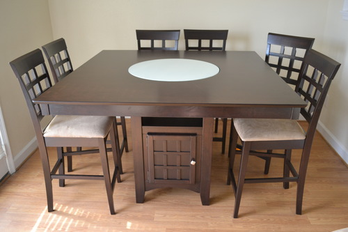 【Furniture】9 Piece Counter Height Storage Dining Table with Lazy Susan & Chair Set
