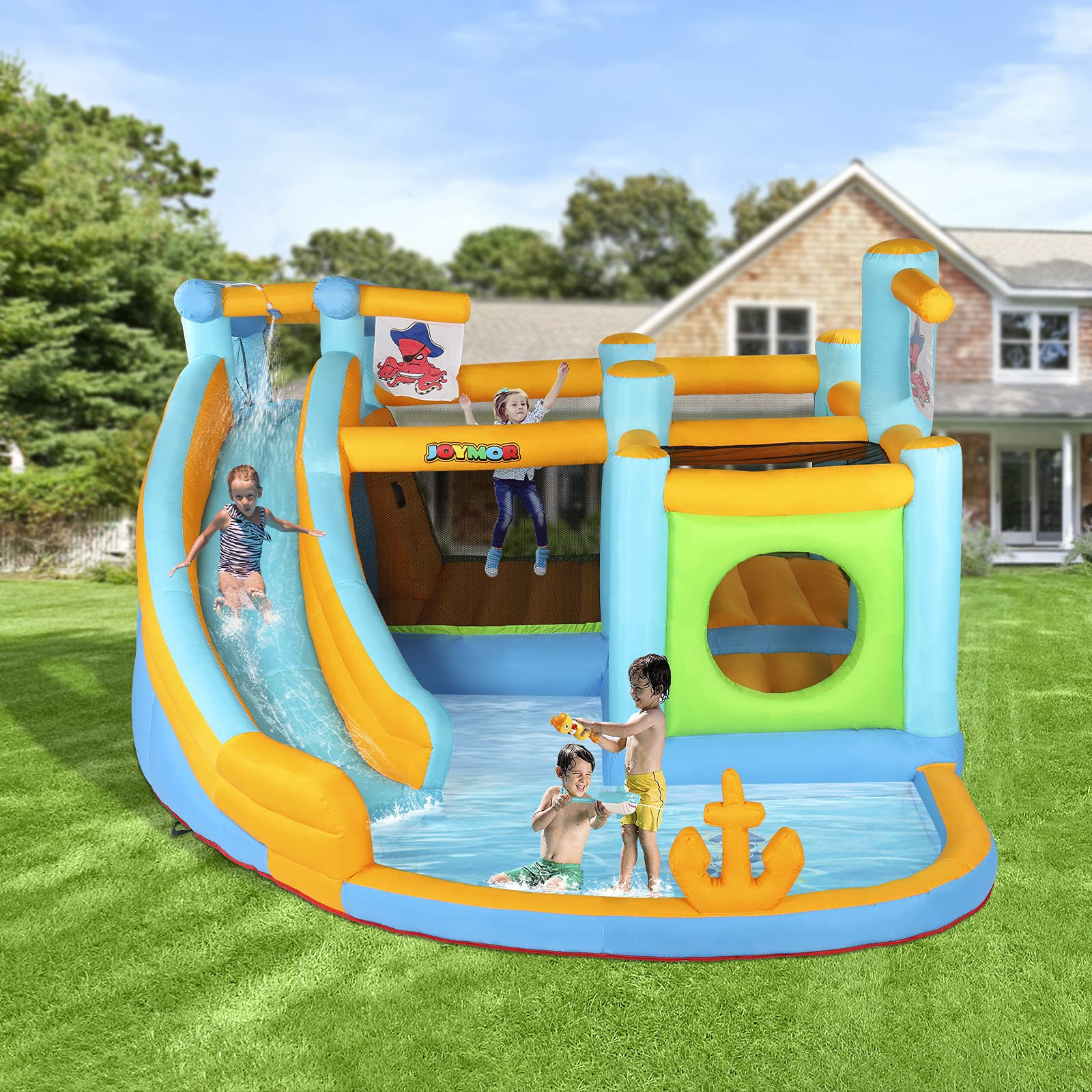 Inflatable Water Slide Park, Pirate Themed Bounce House, Obstacle Course, Water Cannon