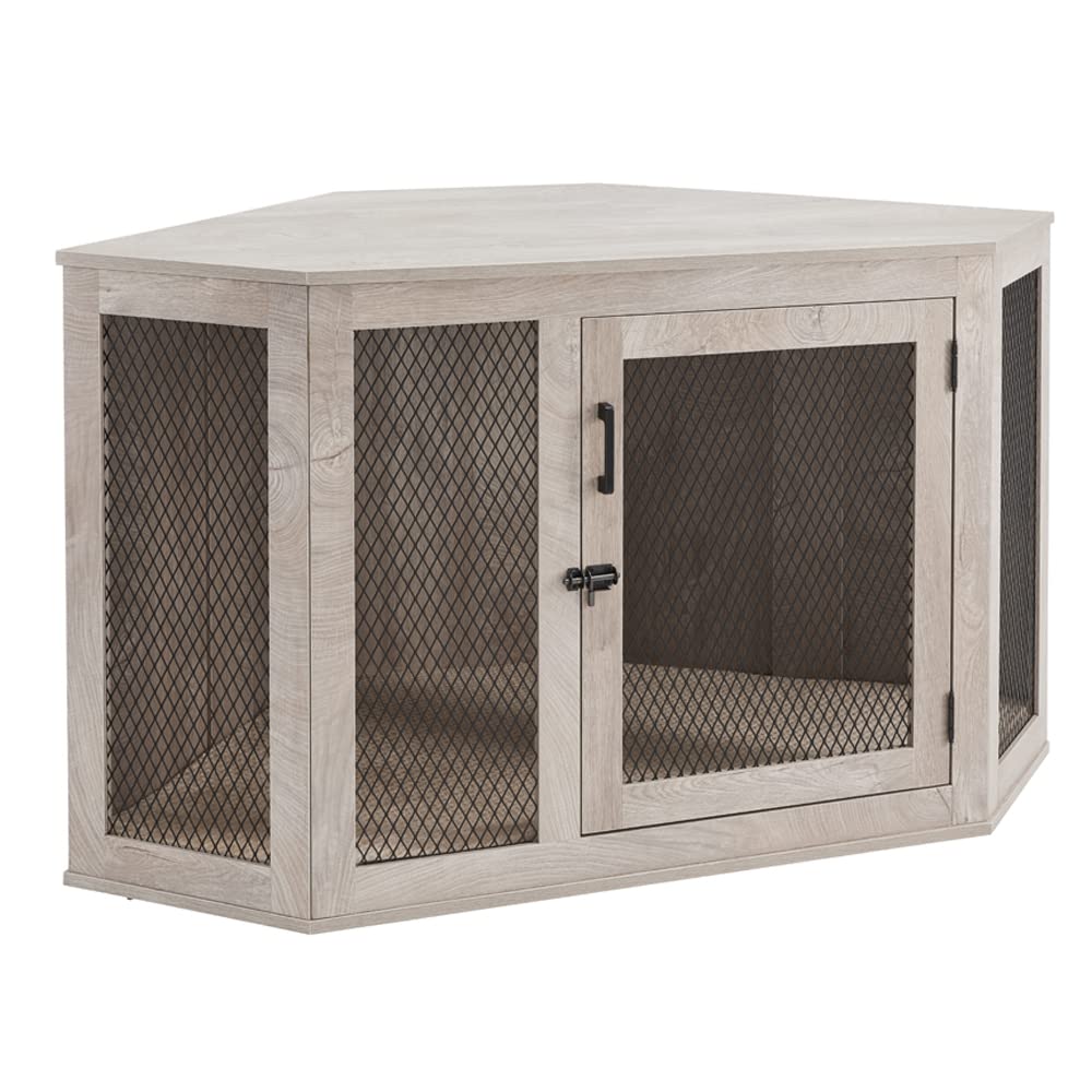 【Pet】Furniture Corner Dog Crate with Cushion, Dog Kennel with Wood and Mesh, Dog House