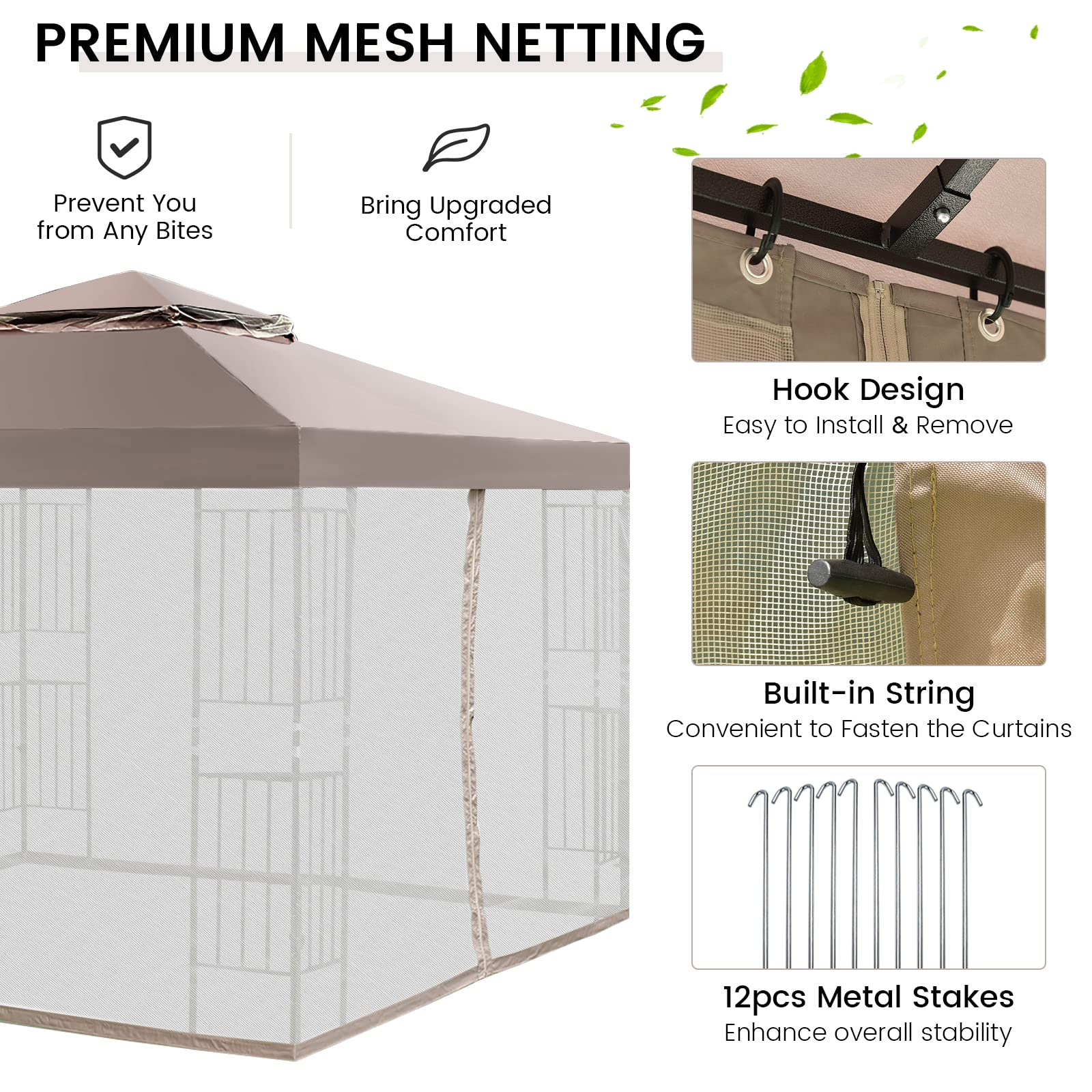 【Gazebo】10x10 Feet Patio Gazebo, Outdoor Gazebo Canopy Shelter w/ Netting