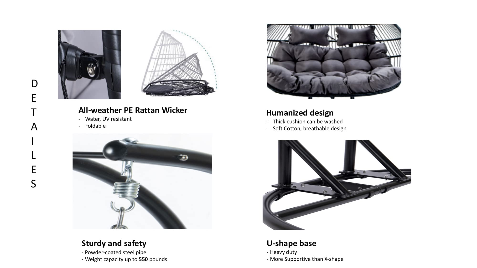 【Home&Garden】Double Hanging Egg Chair Swing - 2 Person Heavy Duty Hanging Wicker Rattan Swing Chair