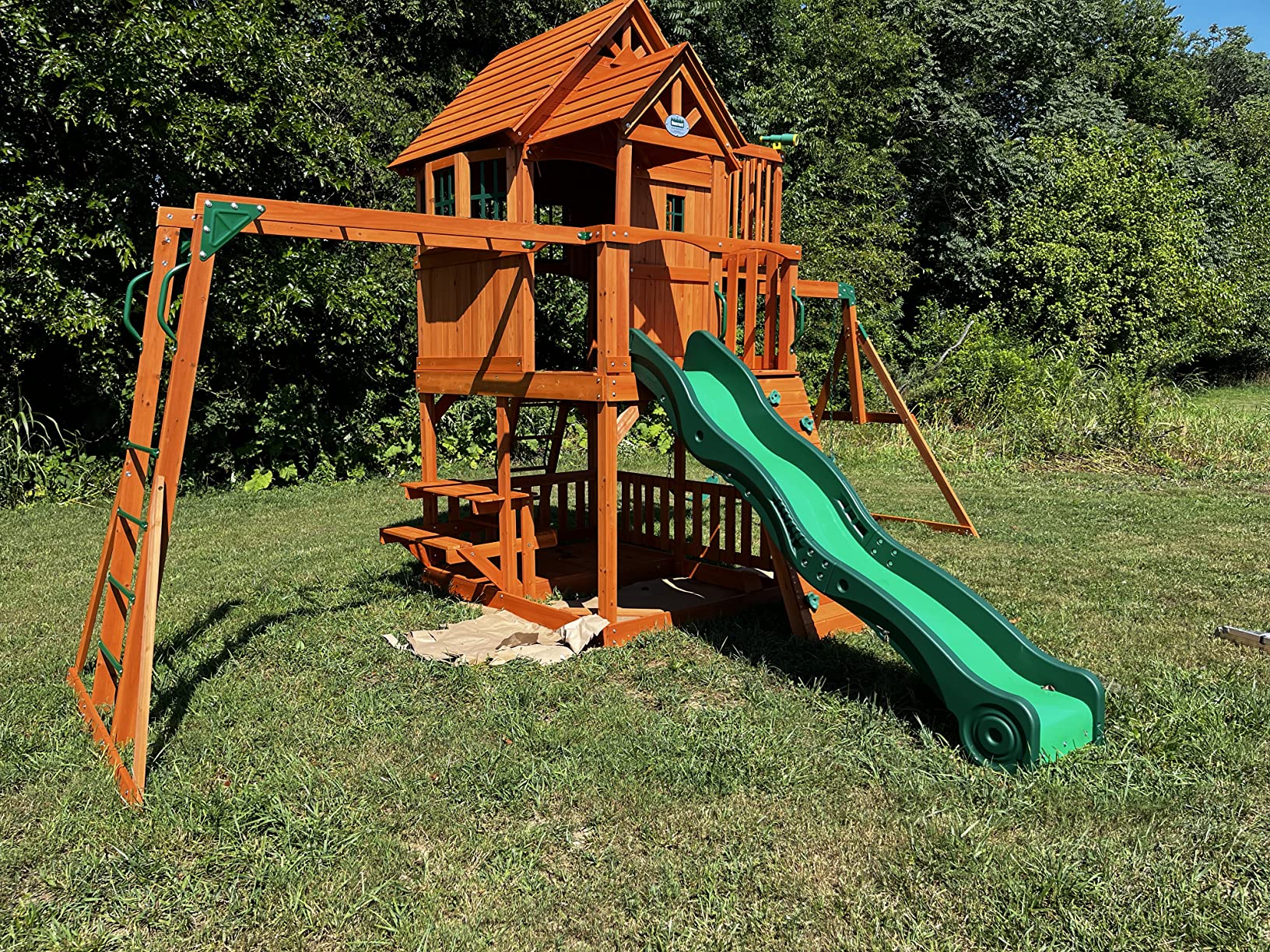 【Baby&Kids】Skyfort II Playground Cedar Wood Swing Set with Playhouse Fort, Sandbox, Picnic Table, Slide