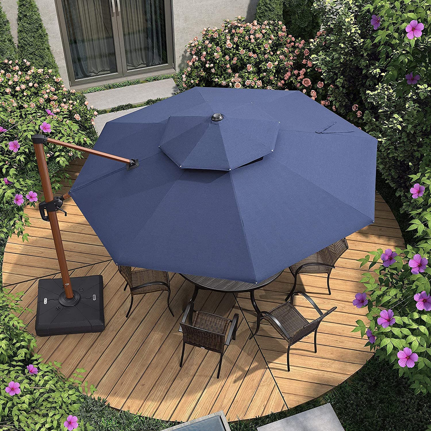 【Home&Garden】11 Ft Double Top Deluxe Sunbrella Wood Pattern Round Patio Umbrella Offset Hanging Umbrella