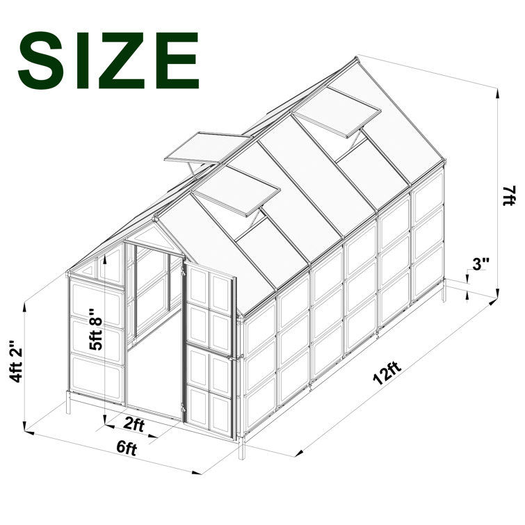 【Home & Garden】6x12 FT Hybrid Polycarbonate Greenhouse with 3 Vent Window Lockable Hinged Door