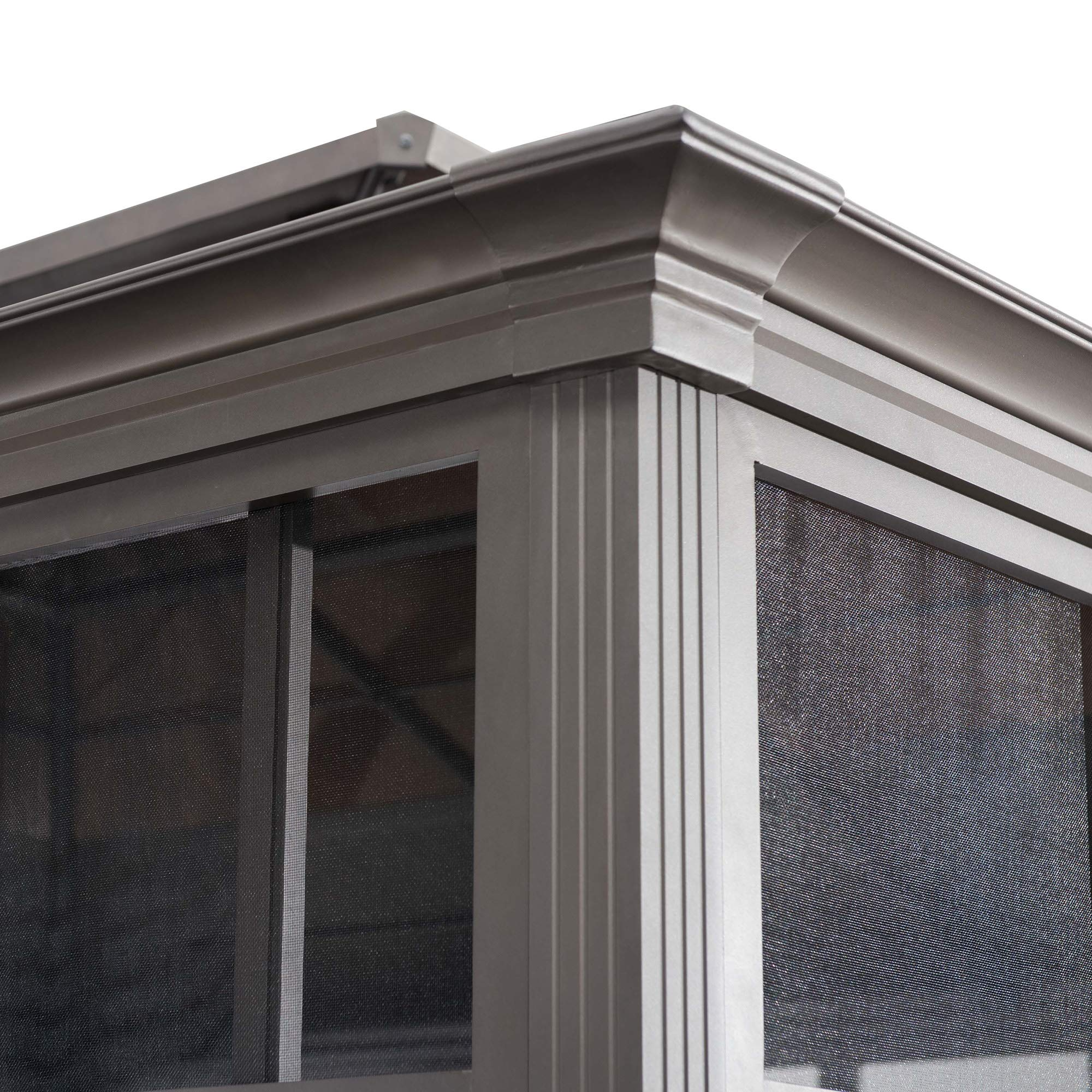 【Home&Garden】Outdoor Sunroom 12x14 ft. Steel Screenhouse with 2-Tier Hardtop Hot Tub Gazebo, Brown《NO8》