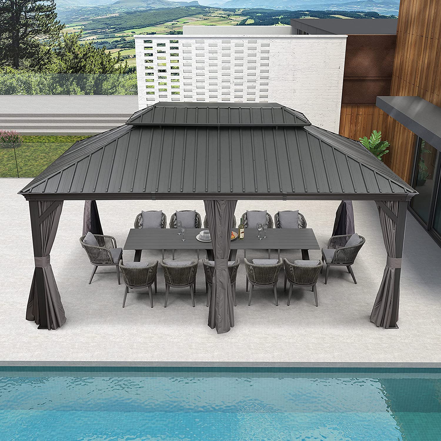 【Gazebo】12'x20' Permanent Hardtop Gazebo Aluminum Gazebo with Galvanized Steel Double Roof, Grey