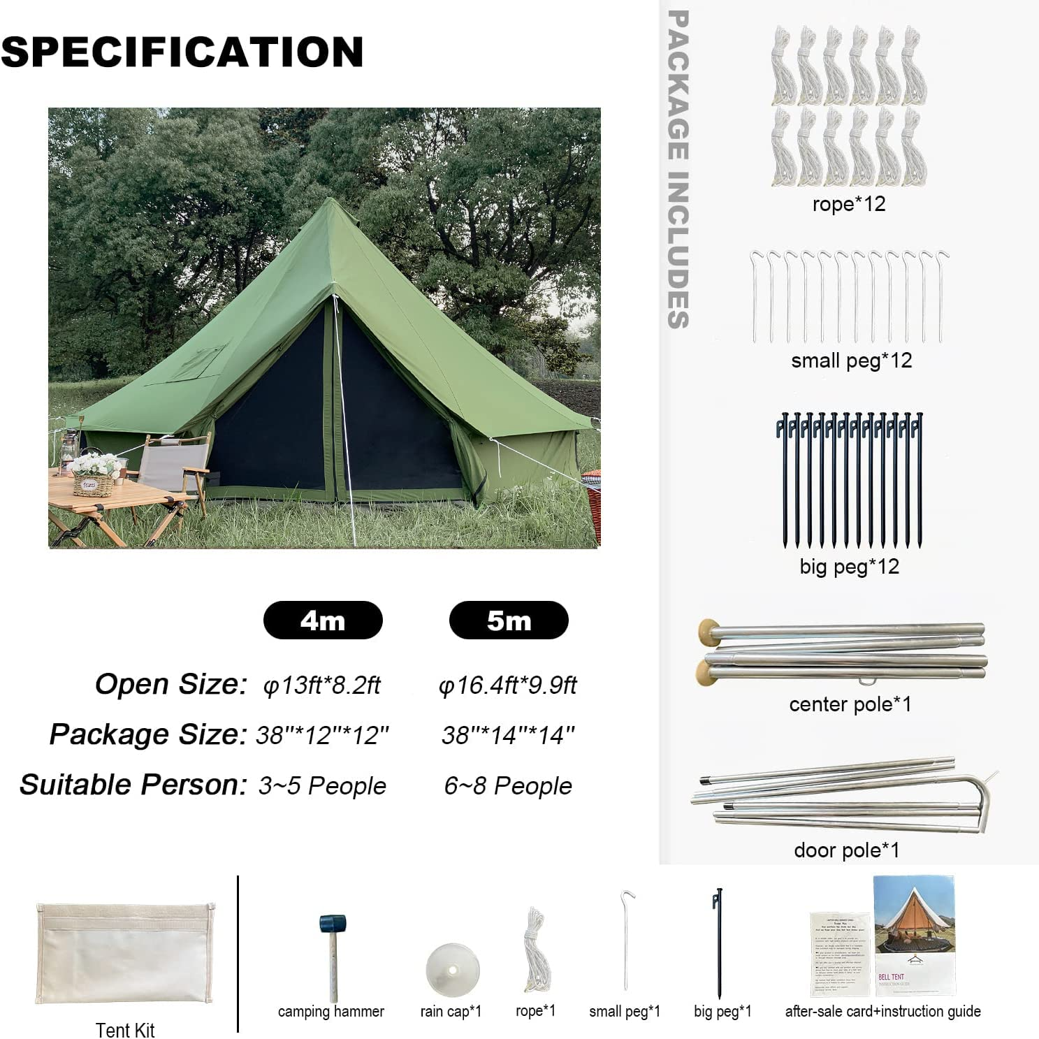 【Sports&Outdoors】Breathable 100% Cotton Canvas Bell Tent, Waterproof Large Tents w Sturdy Center & Door Pole