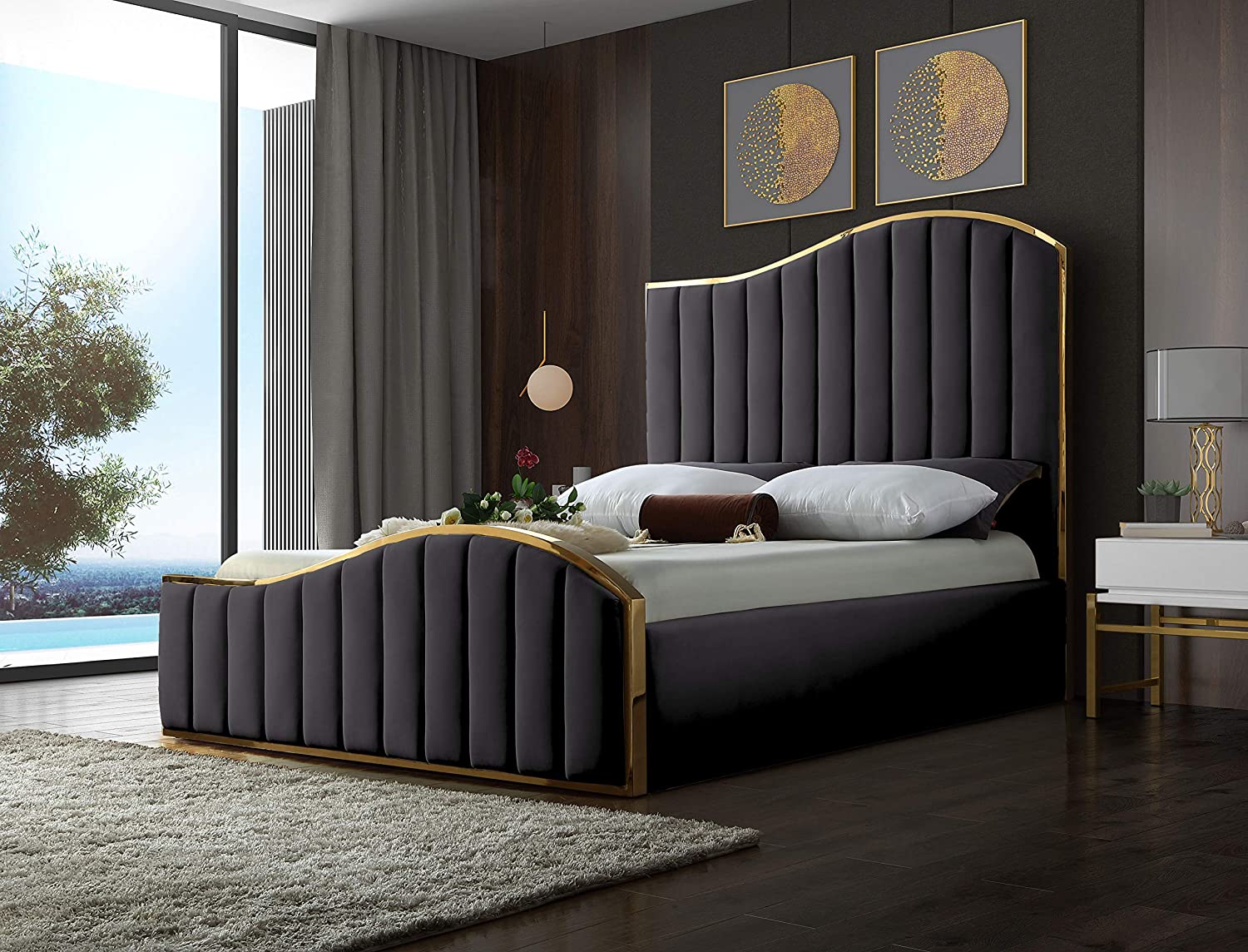 【Furniture】Contemporary Velvet Upholstered Bed With Channel Tufting & Polished Gold Metal Frame, King