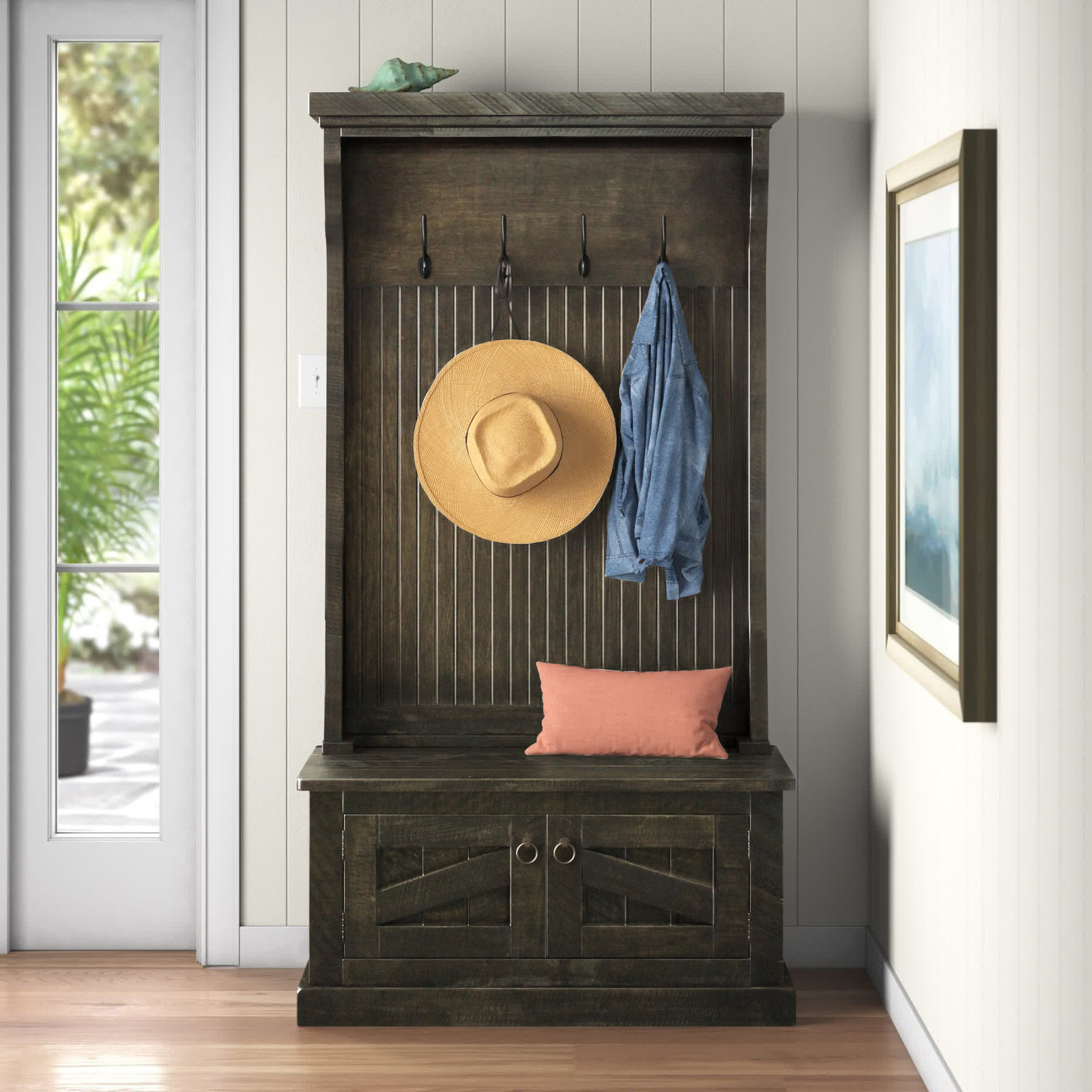 【Furniture】Kinley 37.5'' Wide Solid Wood Hall Tree with Bench and Shoe Storage