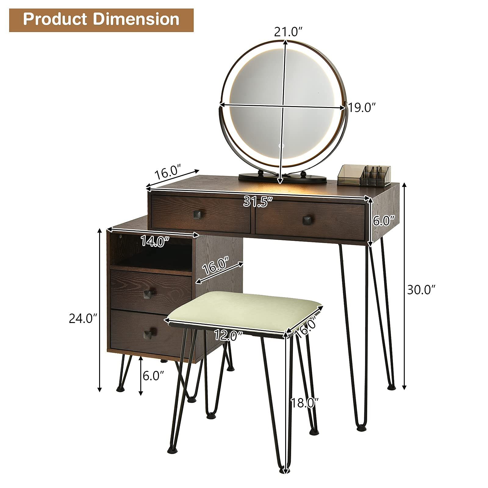 【Furniture】Vanity Set with 3 Colors Lighted Mirror