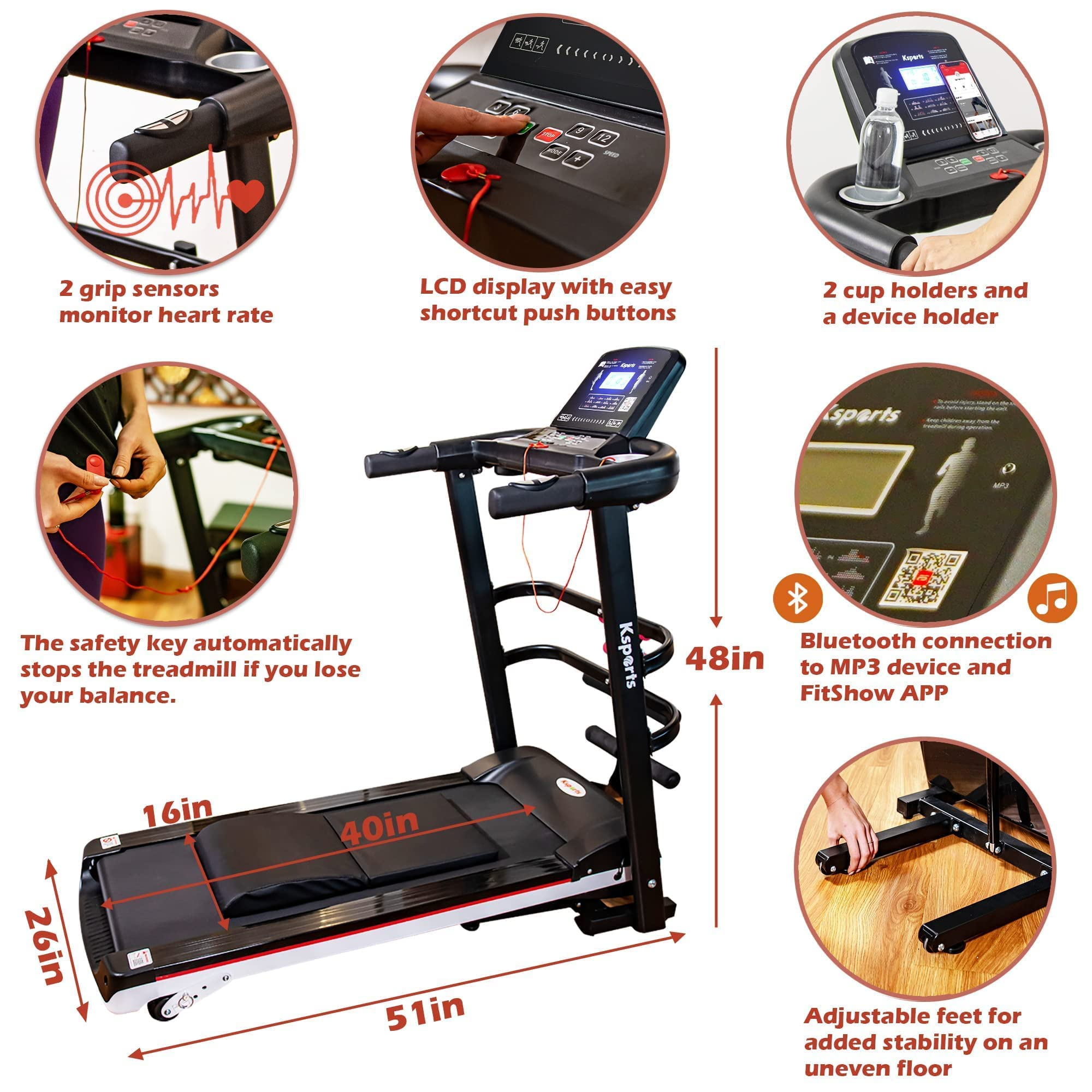 Treadmill Bundle, Electric Folding Incline Treadmill with Auto/Manual Inclineeasy-to-read LCD display with heart-rate sensor on handlebars & fit show smart app