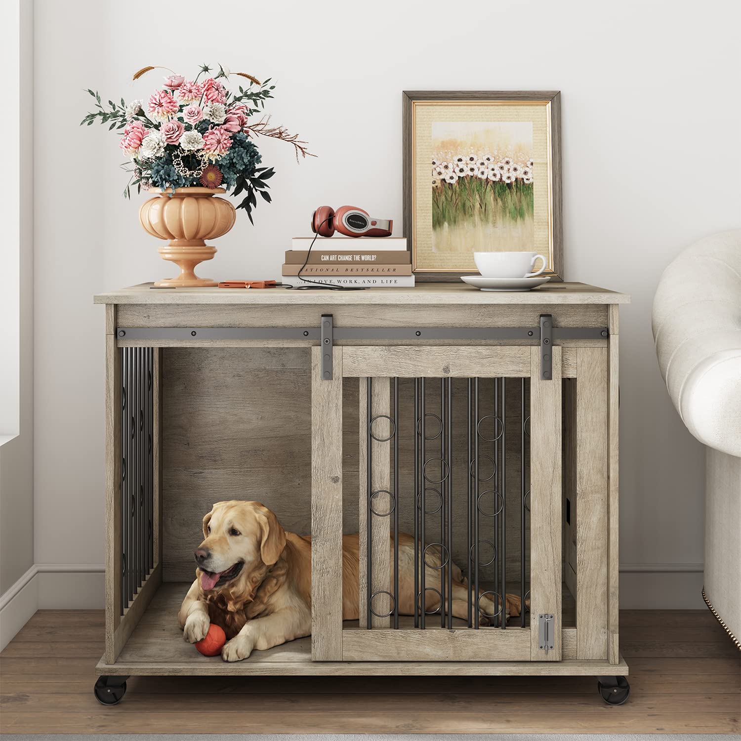 【pet】Homestead Sliding Barn Door Furniture Style Dog Crate - Antique White, Extra Large