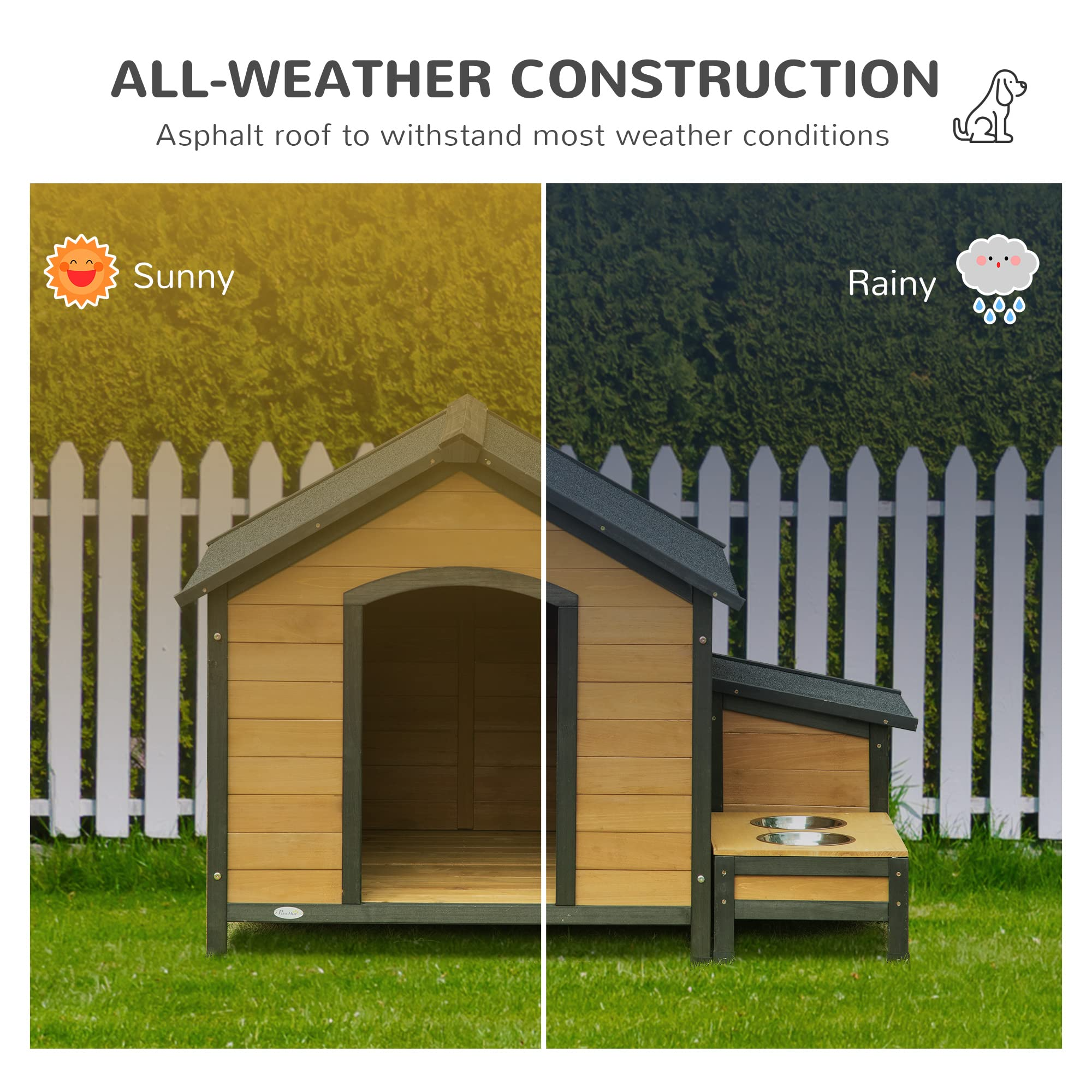 【Pet】Wooden Outdoor Dog House, Cabin-Style Pet House with Feeding Bowls, Asphalt Roof