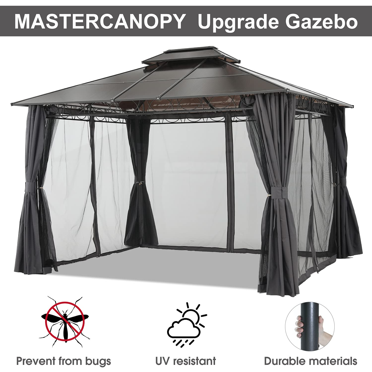 【Gazebo】10x12 Double Roof Hardtop Patio Gazebo Canopy Aluminum Frame with Netting & Screen Walls Curtains