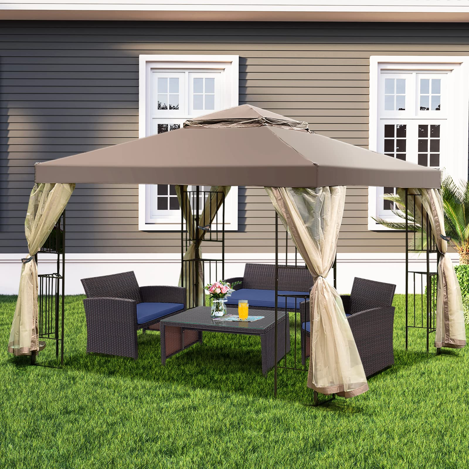 【Gazebo】10x10 Feet Patio Gazebo, Outdoor Gazebo Canopy Shelter w/ Netting