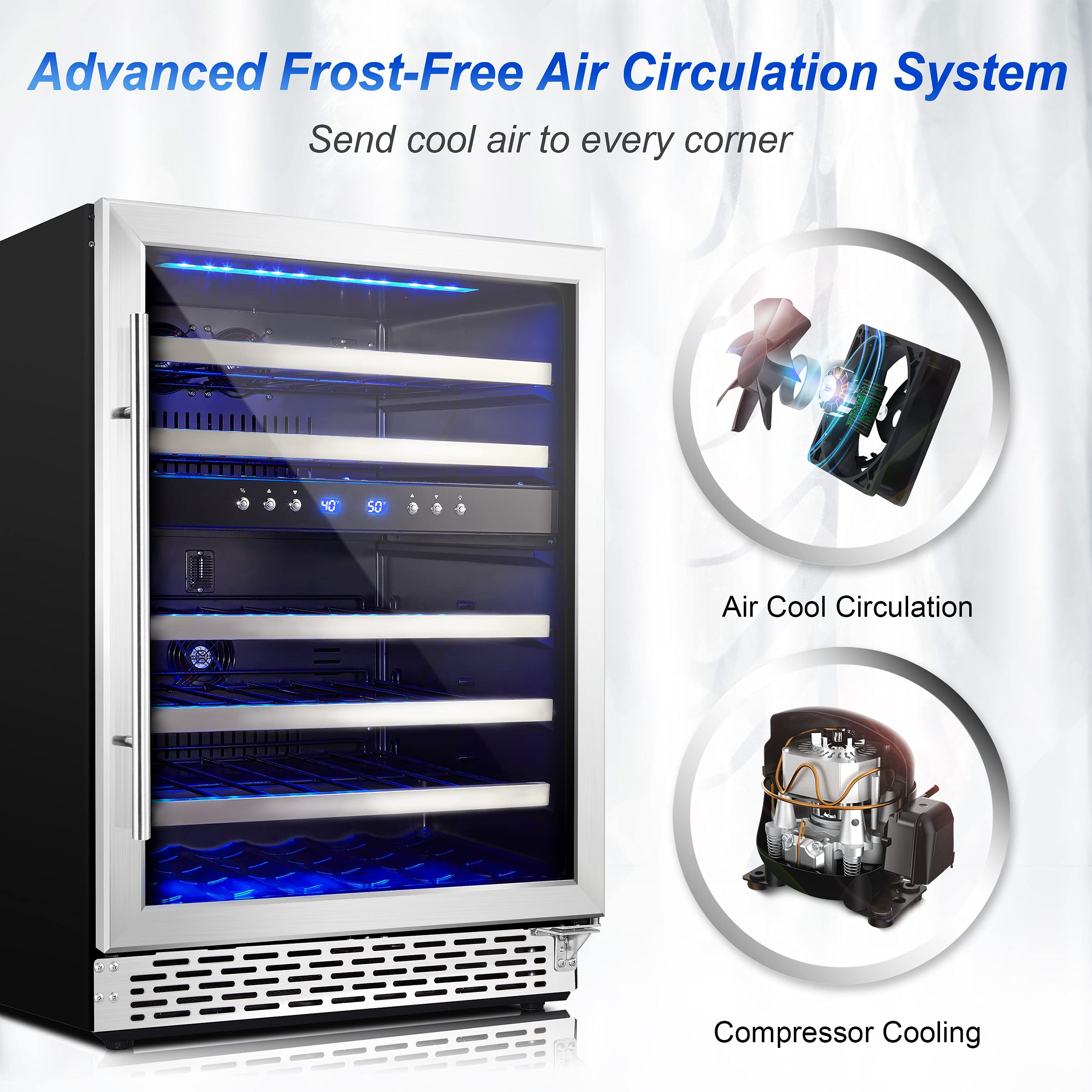 【Appliances】Phiestina 24 Inch Under Counter Wine Cooler - 46 Bottle Built-In Dual Zone Compressor Wine Refrigerator