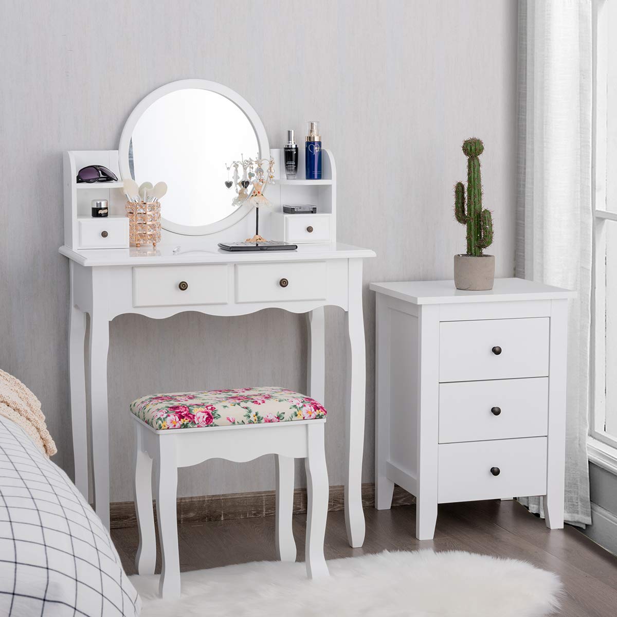 【Furniture】4 Storage Shelves and 4 Drawers, Makeup Table with 360° Pivoted Round Mirror