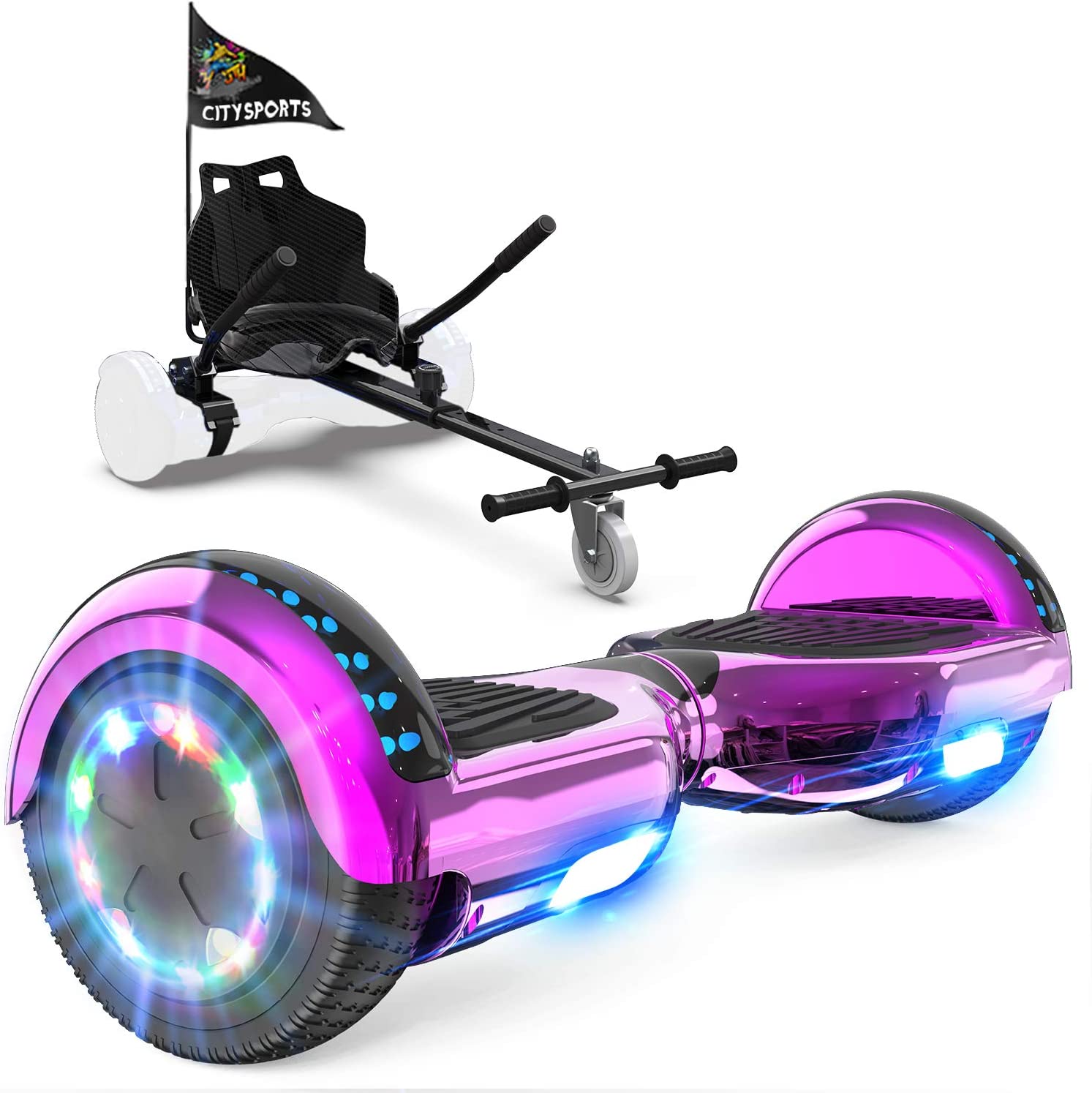 GeekMe hoverboards go kart attachment, Hoverboards with Hoverkart 6.5 inch with Bluetooth Speaker, LED Lights, Gift for Kid, Teenager and Adult
