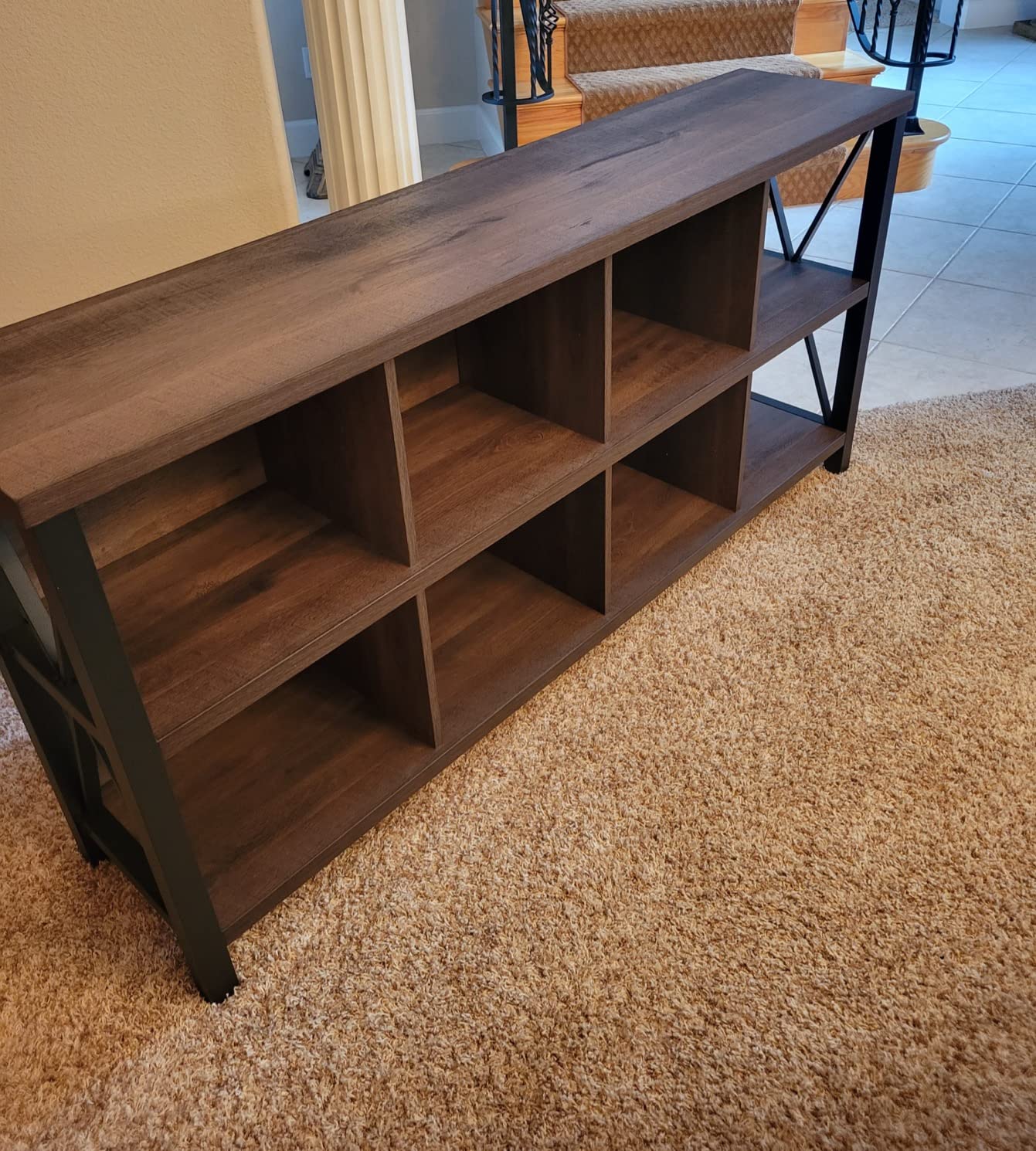 【Furniture】8 Cube Storage Organizer Bookshelf, Rustic Wood Cubby Bookcase, Industrial Horizontal Long Shelf