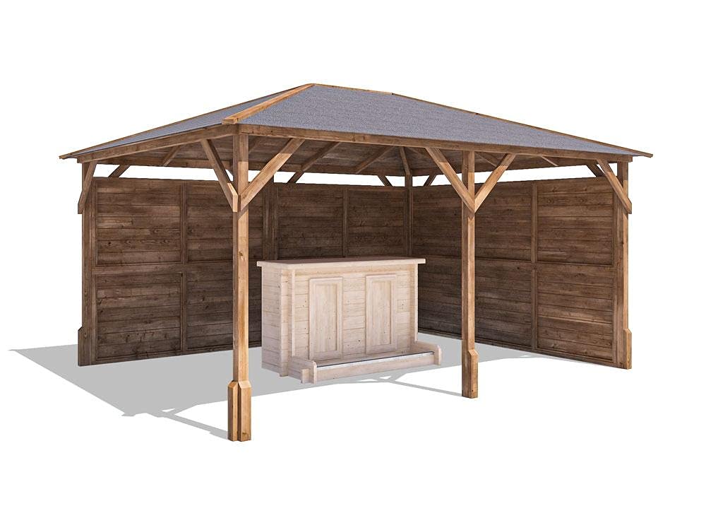 【Gazebo】Garden Bar Gazebo Heavy Duty Pressure Treated Shelter with Roof Shingles, Log Bar & 2 Side Panels