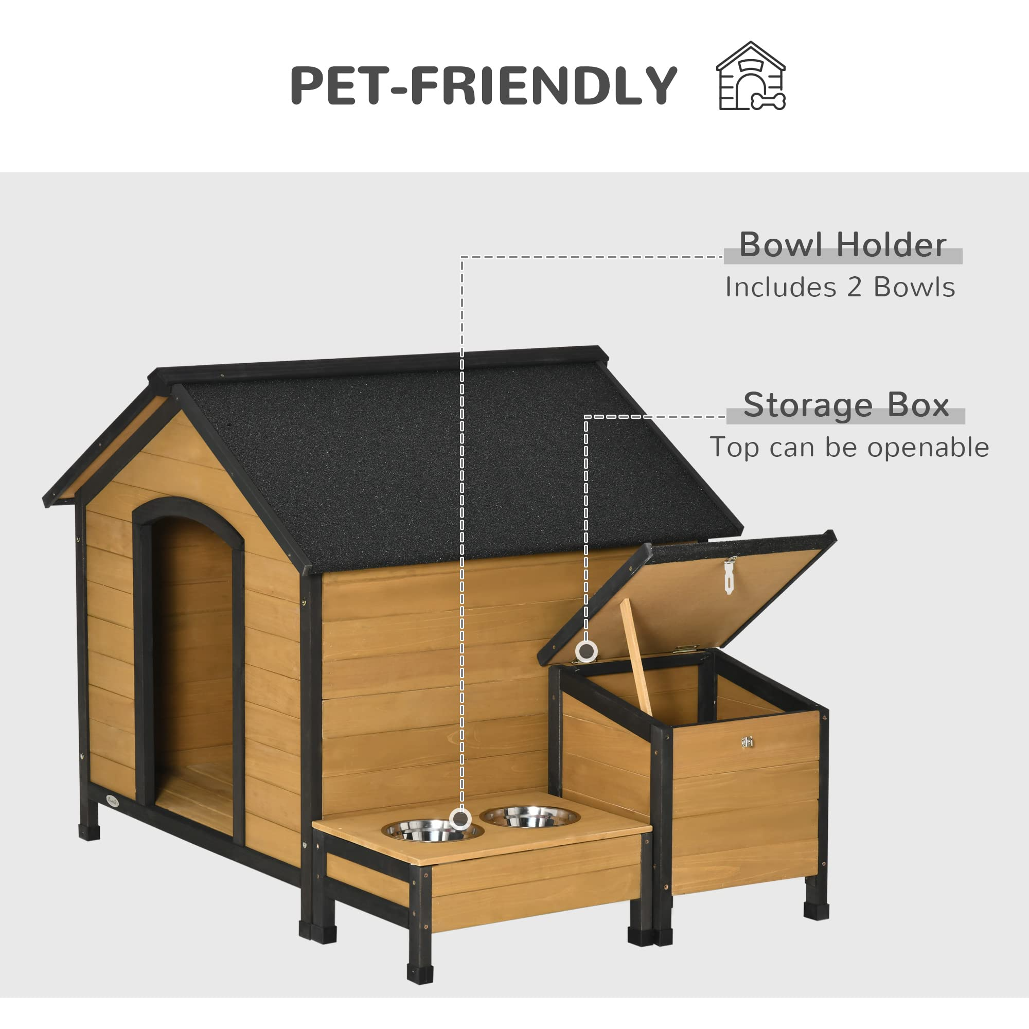 【Pet】Wooden Outdoor Dog House, Cabin-Style Pet House with Feeding Bowls, Asphalt Roof