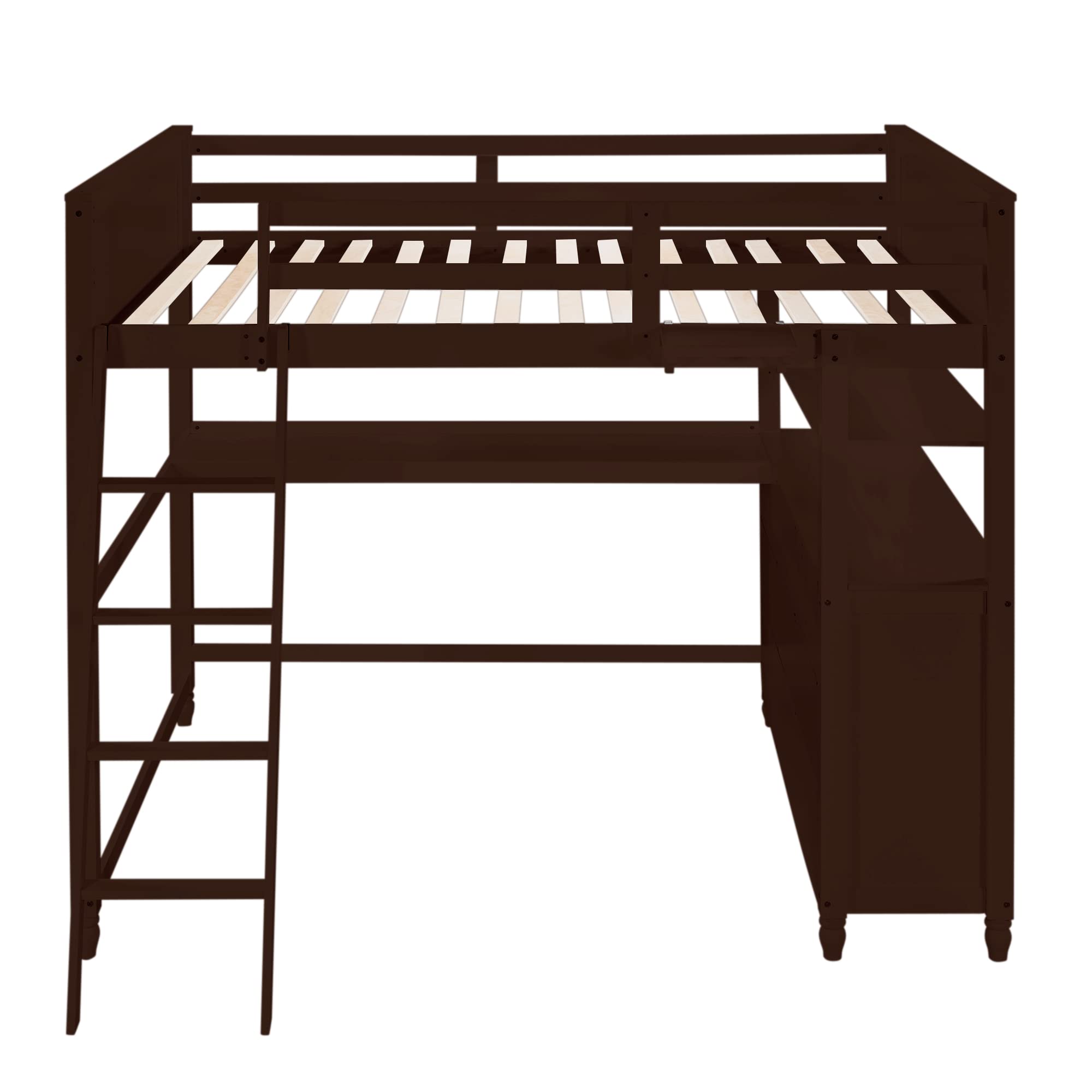 【Furniture】Full Size Loft Bed, Full Loft Bed with Desk, Wood Loft Bed Frame with Drawers & Shelves