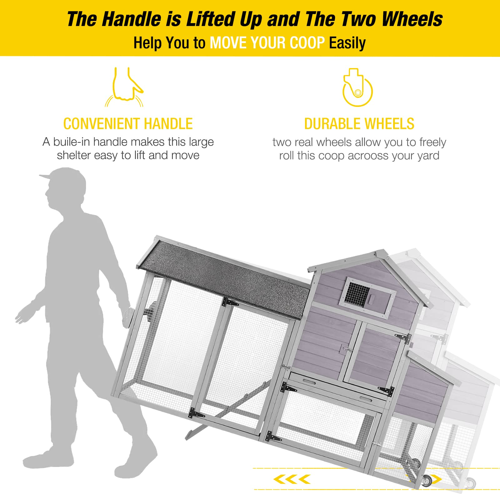 【Home&Garden】80 Movable Chicken Coop with Wheel and Run, Large Backyard Hen House with Nesting Box