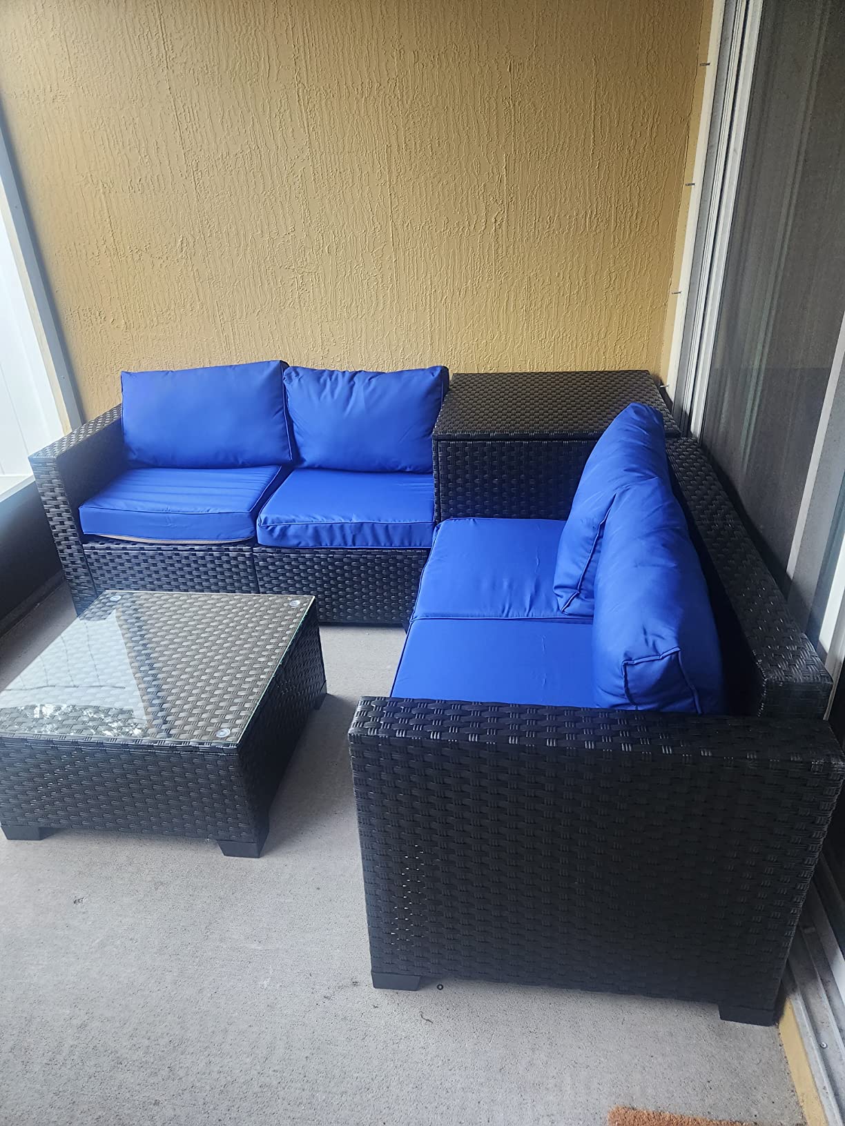 【Furniture】Outdoor PE Wicker Furniture Set 4 Piece Patio Black Rattan Sectional Loveseat Couch Set Conversation Sofa