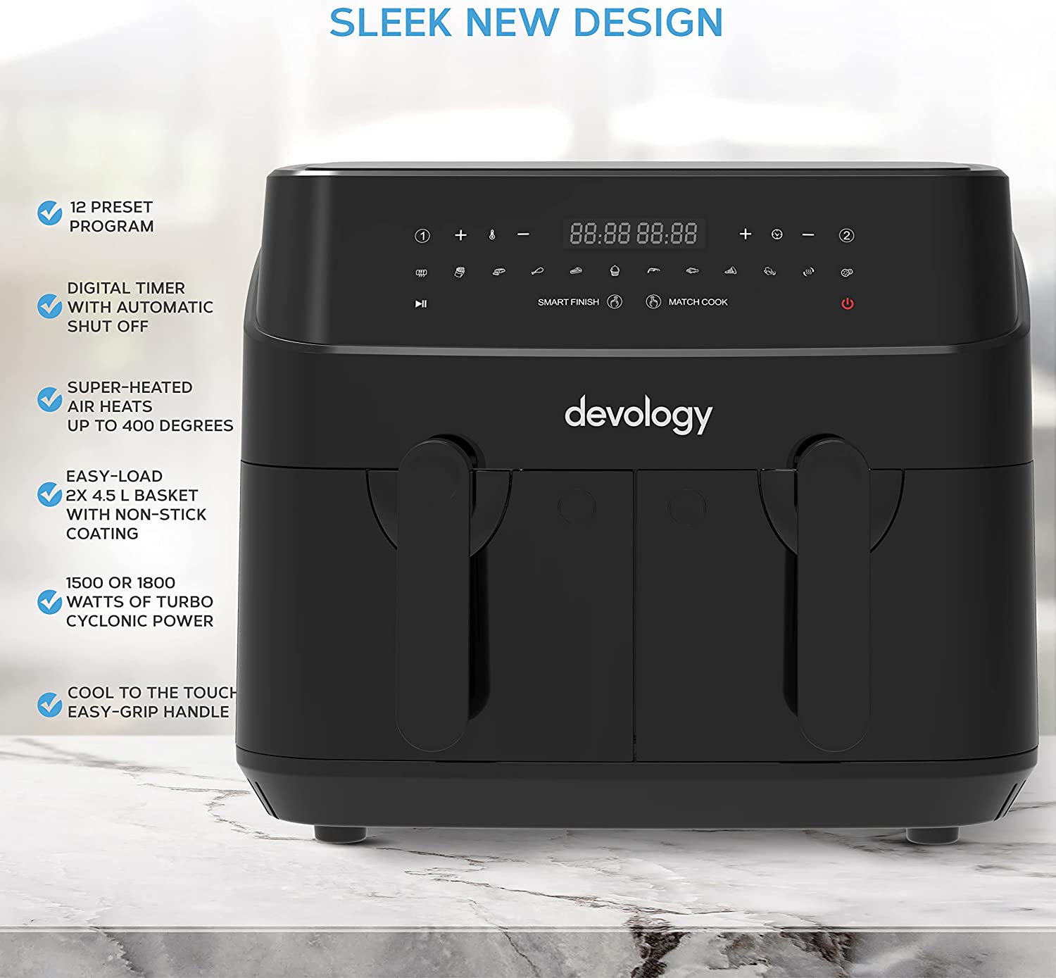 Devology Double Air Fryer - 9L - 2 x 4.5L Independent Cooking Zones - Free 50 Recipe Cookbook- 12 Cooking Programs - Digital LED Display Airfryer - Healthy Oil-free Fryer - Portable Kitchen Appliance