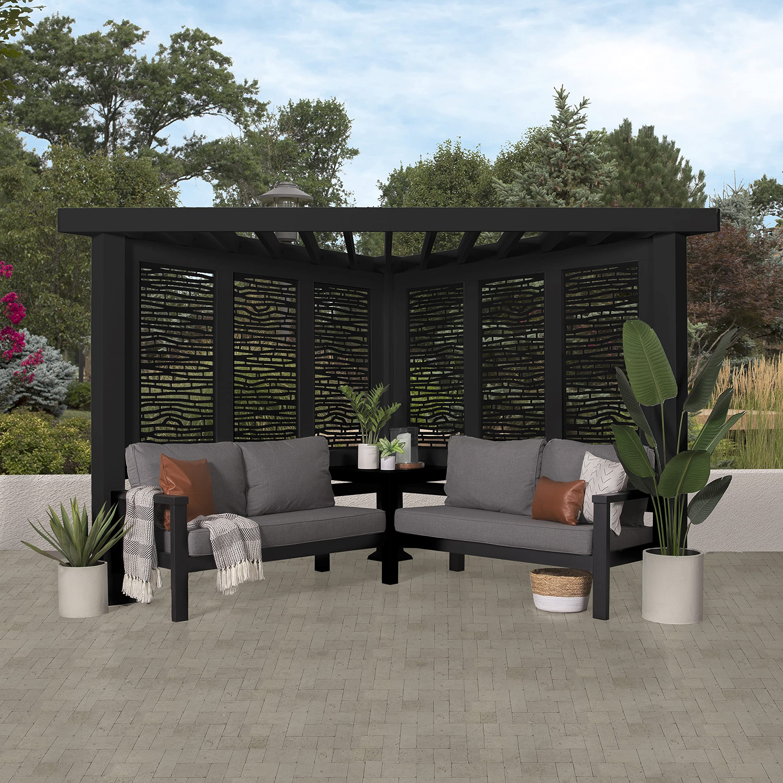 【Home&Garden】Glendale Modern Steel Cabana Pergola with Conversation Seating in Slate