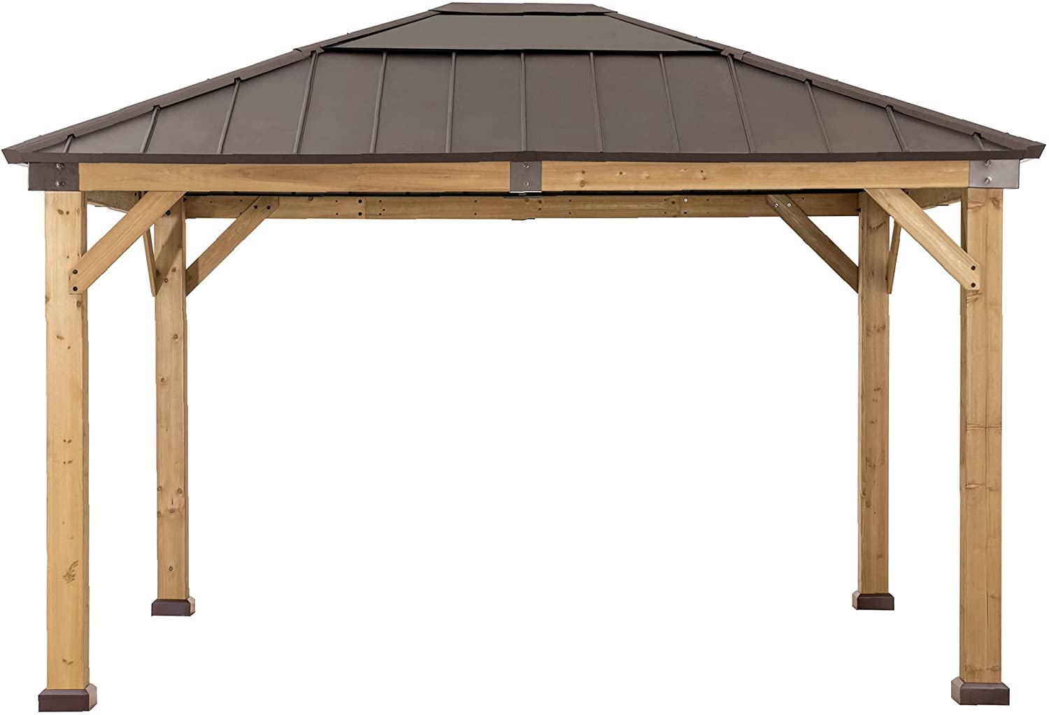 【Gazebo】Outdoor Patio 11x13 ft. Cedar Framed Wood Gazebo with Brown Steel, Roof Hardtop