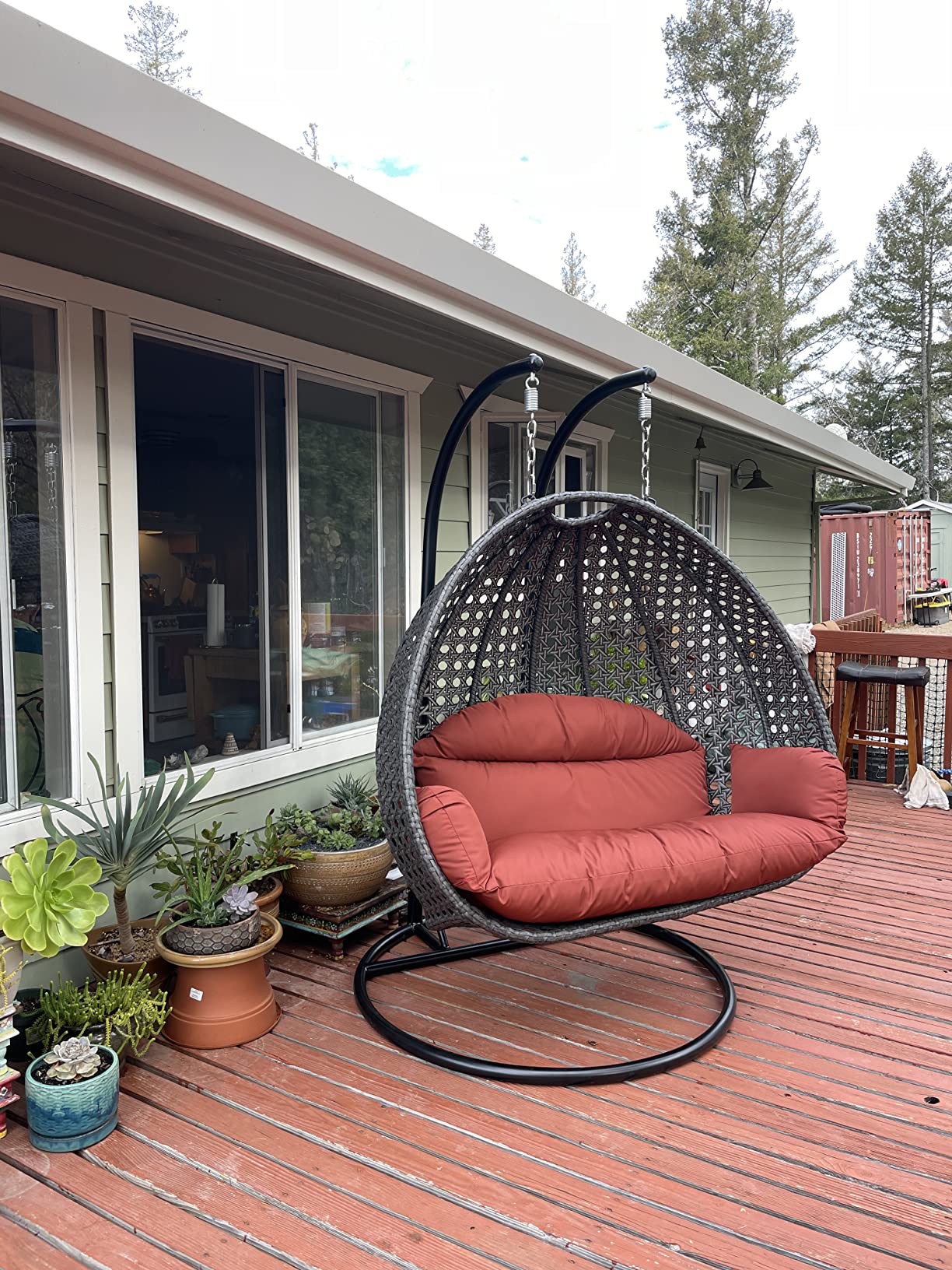 【Furniture】2 Person Hanging Double Swing Chair, X-Large Wicker Rattan Egg Chair with Stand and Cushion