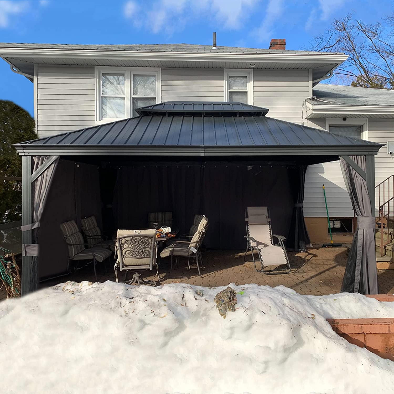 【Gazebo】12'x20' Permanent Hardtop Gazebo Aluminum Gazebo with Galvanized Steel Double Roof, Grey