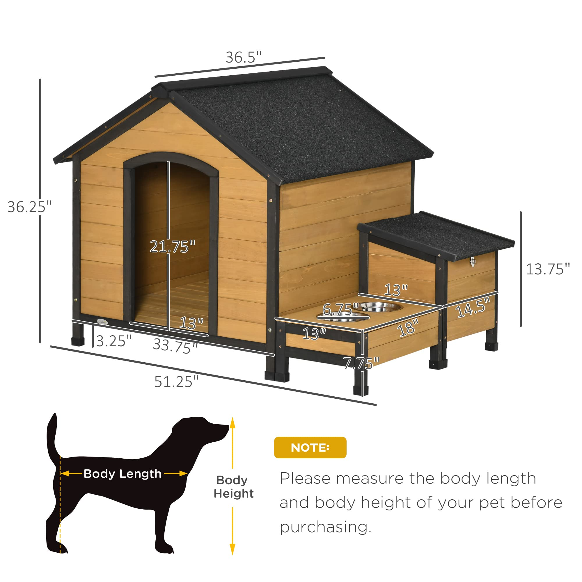 【Pet】Wooden Outdoor Dog House, Cabin-Style Pet House with Feeding Bowls, Asphalt Roof