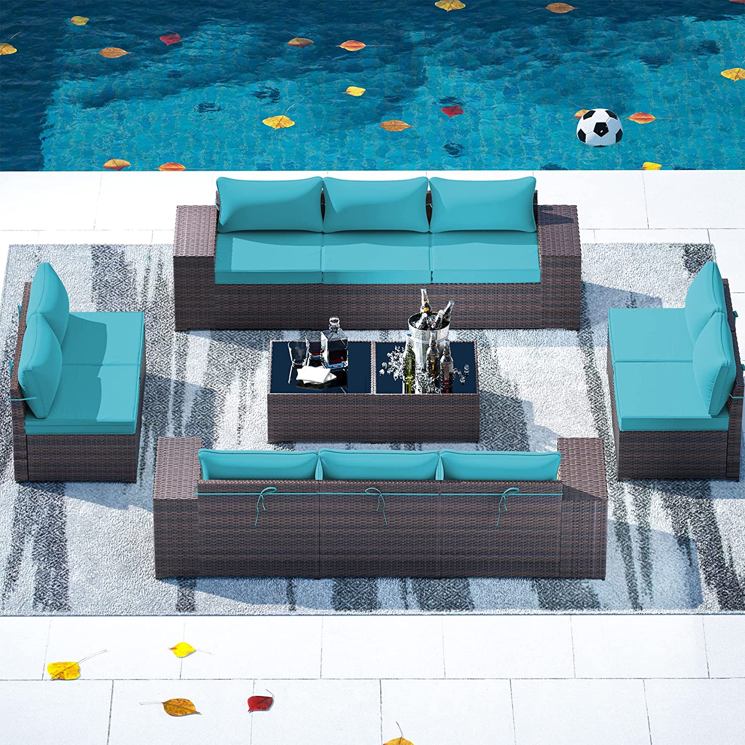 【Furniture】Outdoor Patio Furniture Sets 12-Pc Patio Sectional Furniture with Table & 10 Thickened Cushions