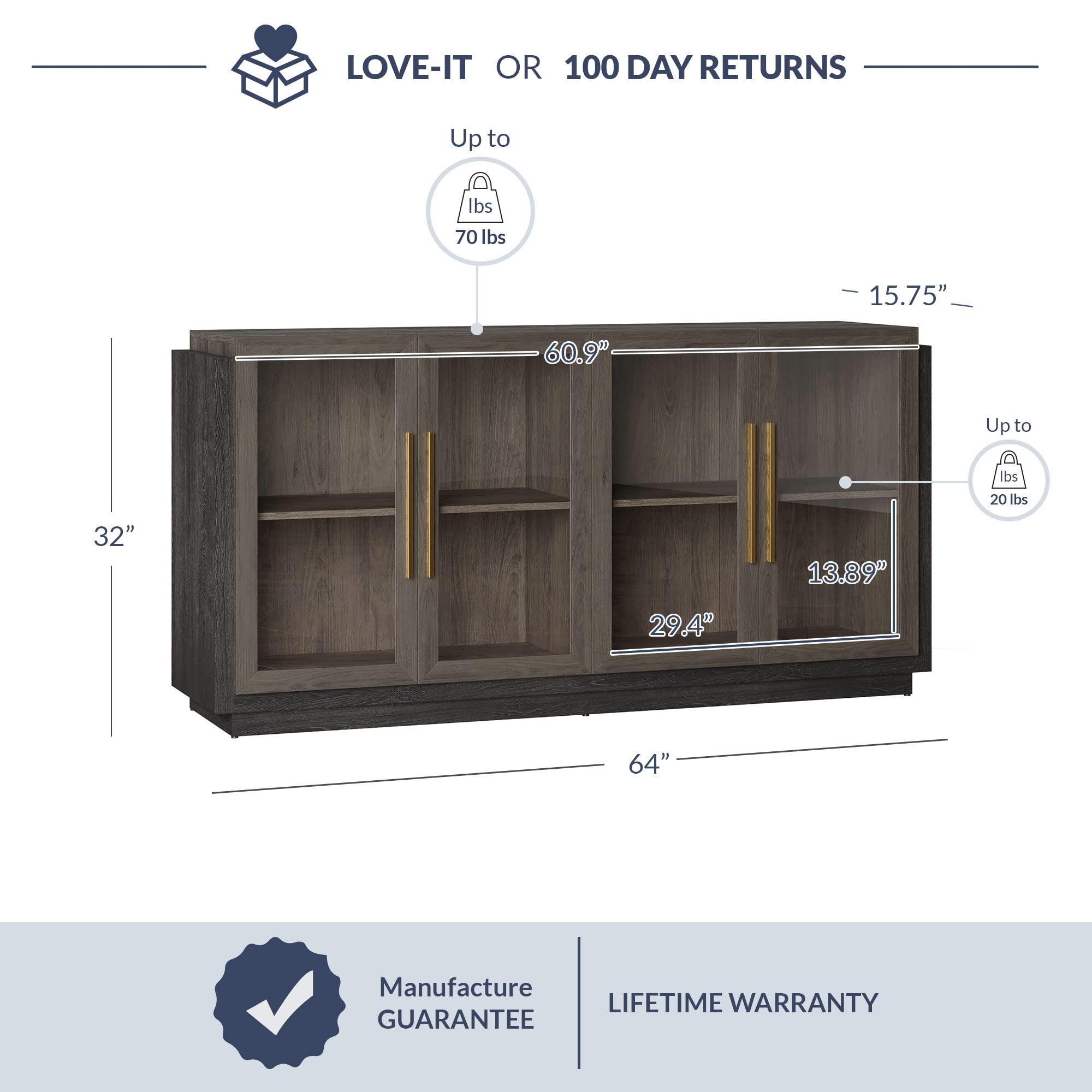 【Furniture】Sideboard Buffet Cabinet, Modern Wood Glass-Buffet-Sideboard with Storage, Console Table