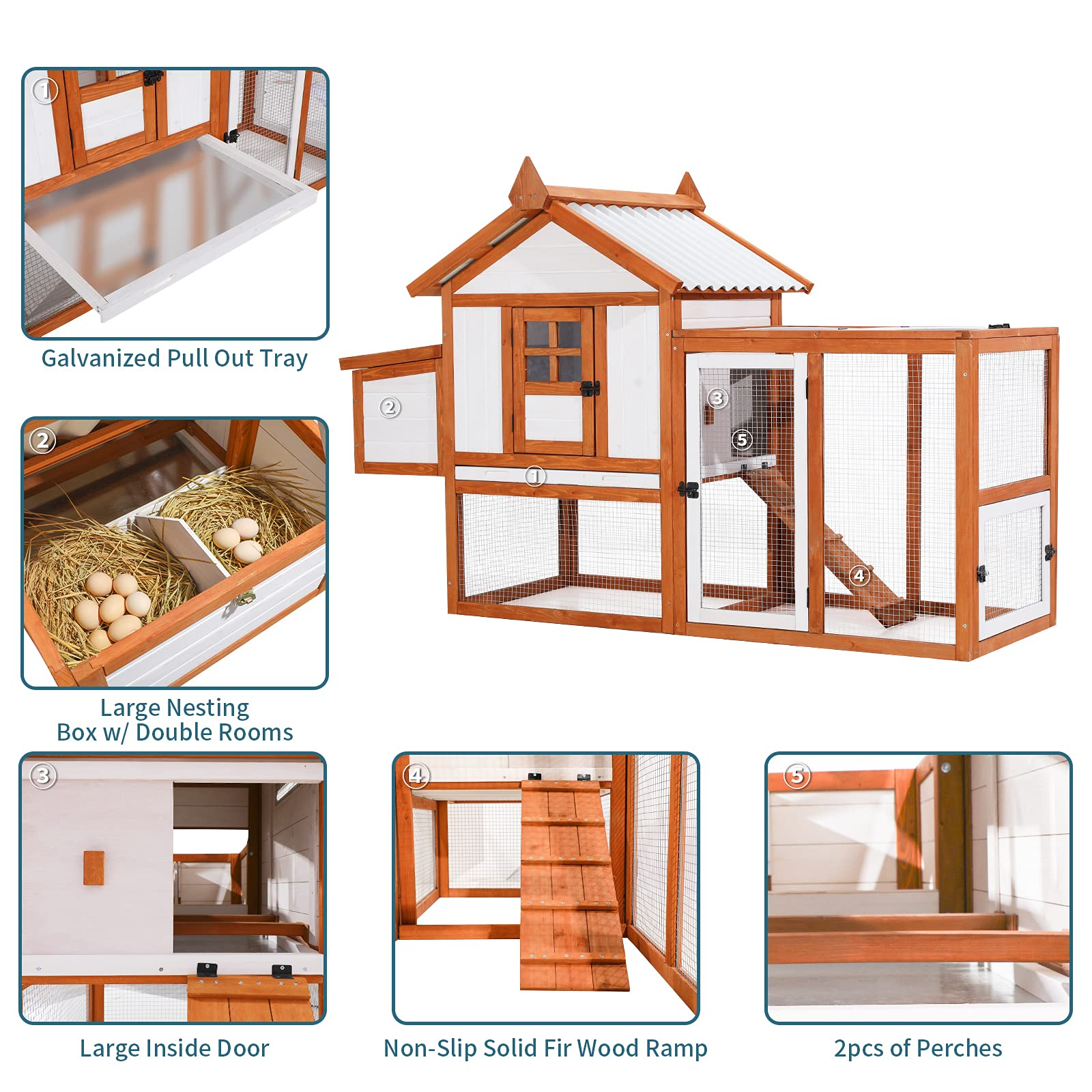 【Pet】Outdoor Wooden Multi-Level Chicken Coop, Poultry Cage wRamps, Run, Nesting Box, Wire Fence