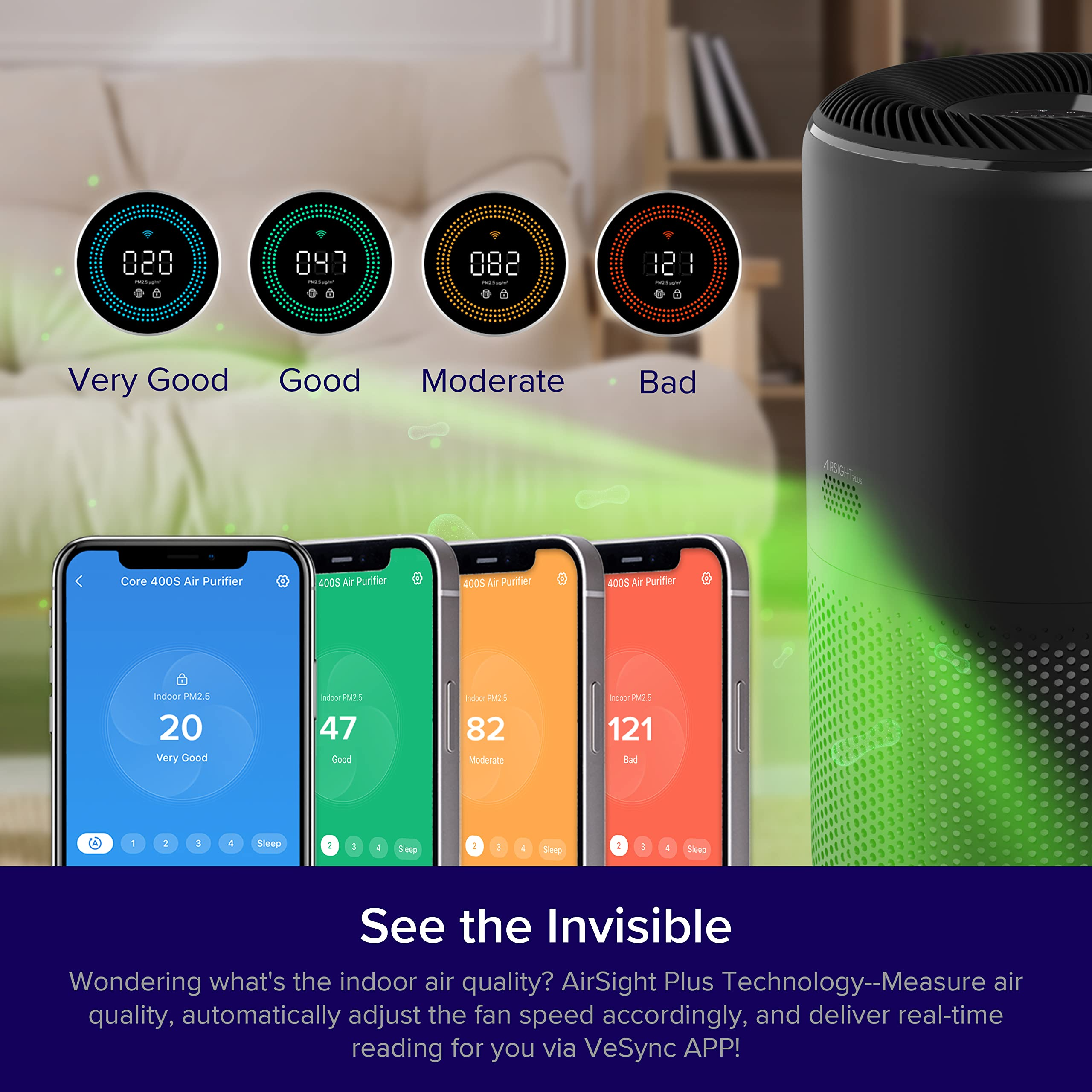 LEVOIT Air Purifiers, Smart WiFi & PM2.5 Monitor H13 True HEPA Filter Removes Up to 99.97% of Particles