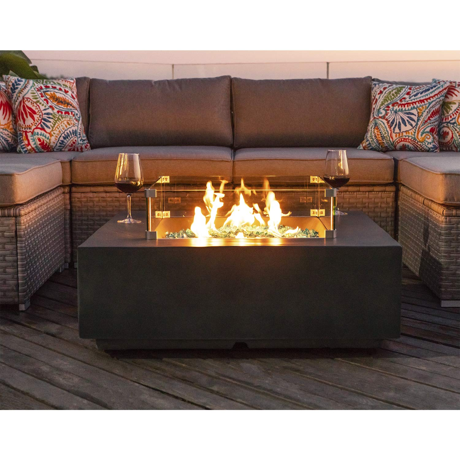 【Home&Garden】8-Pc Fire Pit Table Outdoor Furniture Sofa, Wicker Cushion Sectional w Celadon Fire Heater《NO8》