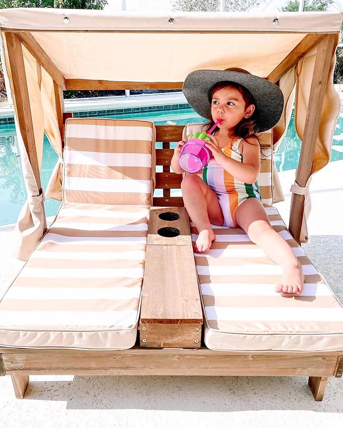 【Furniture】KidKraft 534 Double chaise longue avec porte-gobelets - Expresso et écru - en bois , Meuble de jardin pour enfant, 3-6 Ans