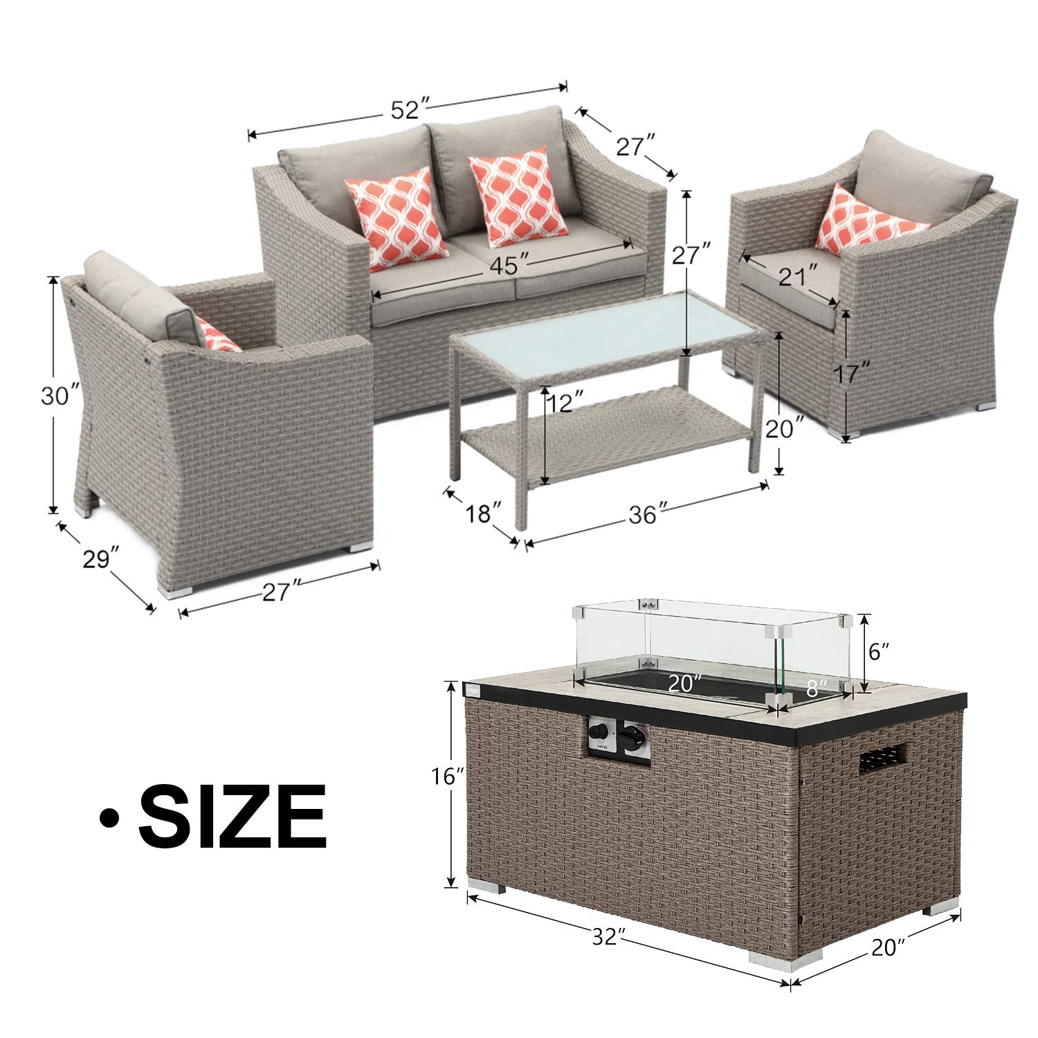 【Furniture】5-Pc Fire Pit Table Outdoor Furniture, Wicker Conversation Set, 4 Pillows w 32