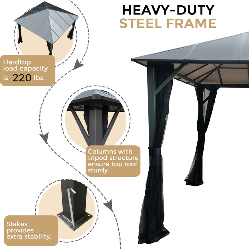 【Gazebo】10x10 ft Hardtop Gazebo, Outdoor Canopy Gazebo with Netting & Shaded Curtains for Patio