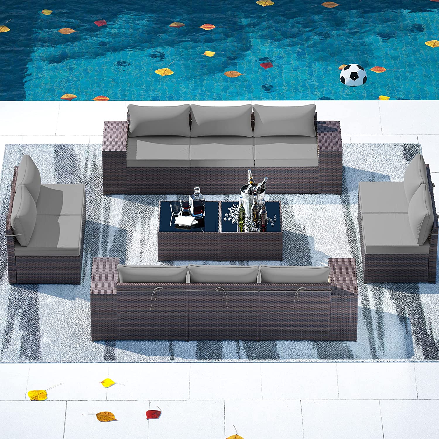 【Furniture】Outdoor Patio Furniture Sets 12-Pc Patio Sectional Furniture with Table & 10 Thickened Cushions