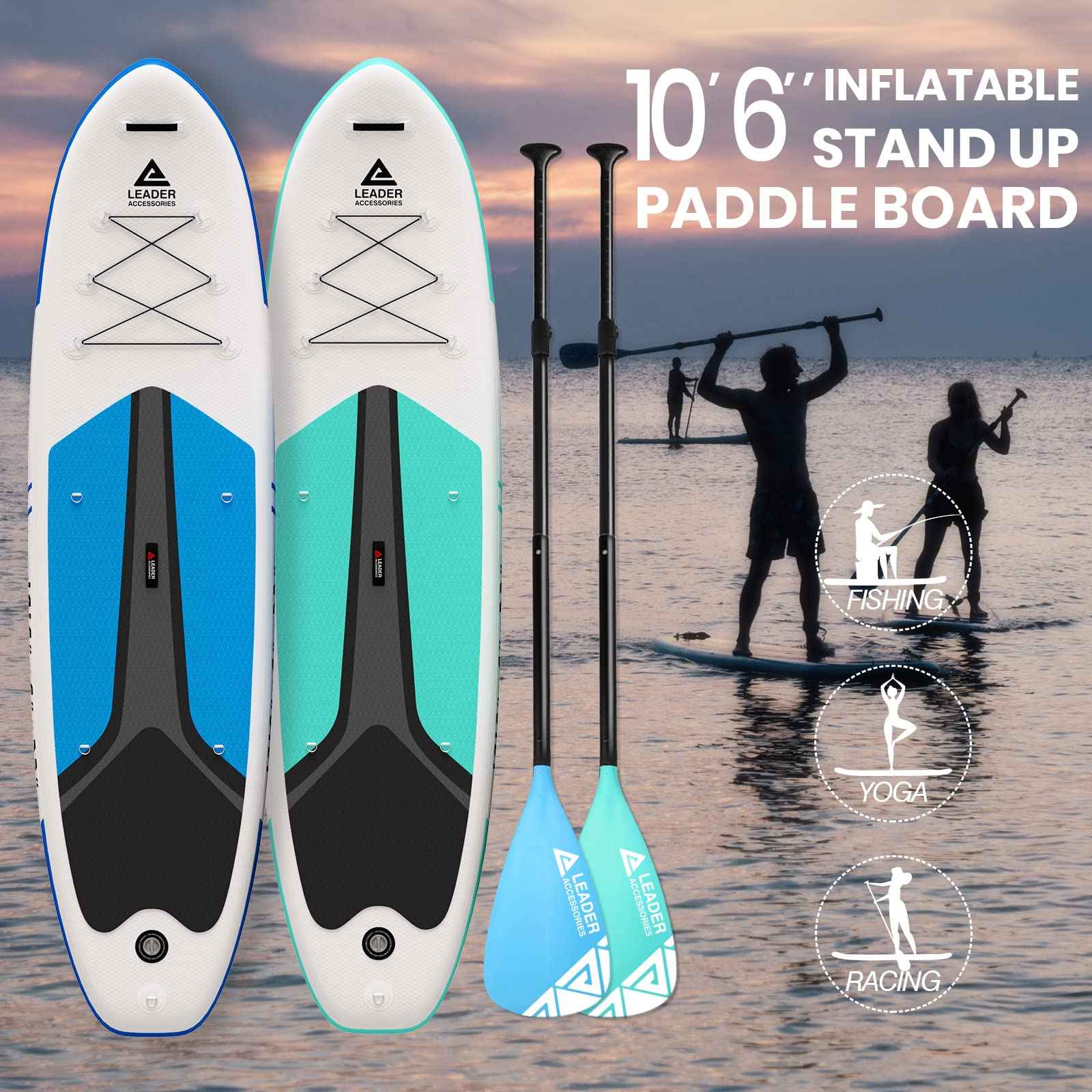 【Sports&Outdoors】Inflatable Stand up Board with Fins Adjustable Paddle Kayak Leash Backpack Pump