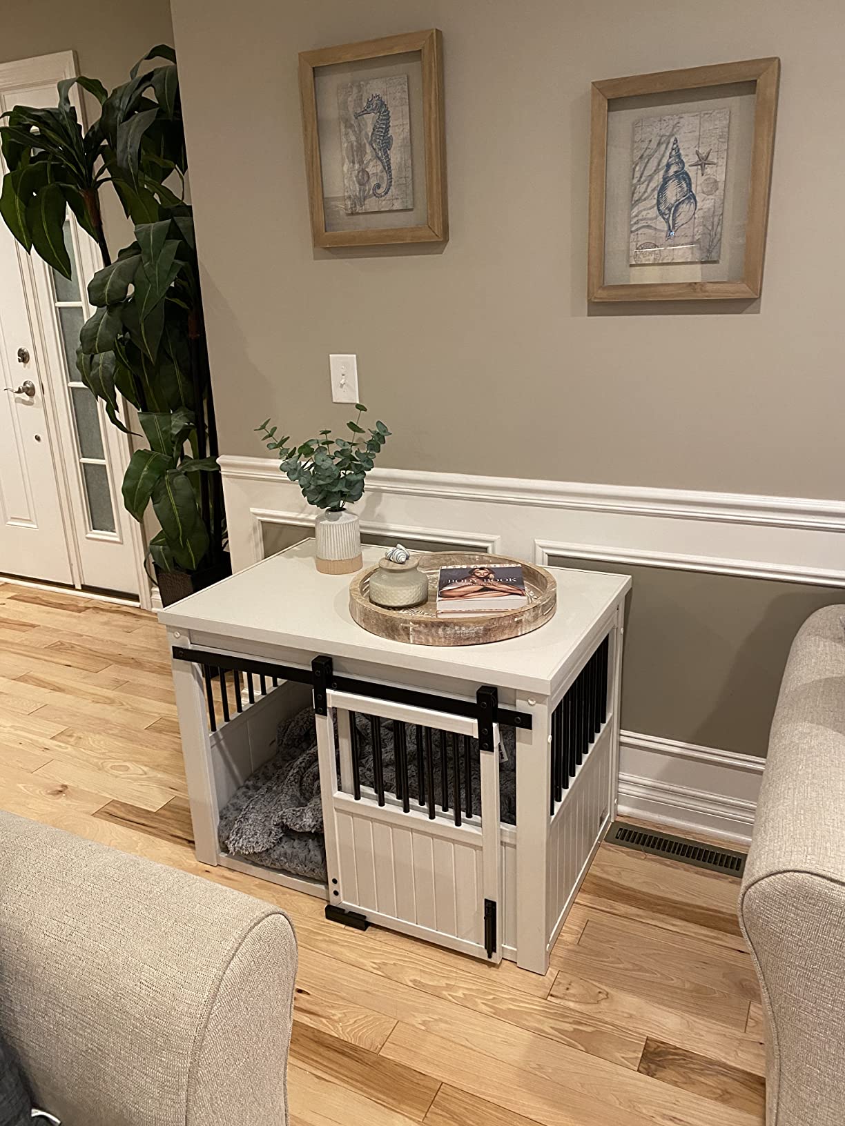 【pet】Homestead Sliding Barn Door Furniture Style Dog Crate - Antique White, Extra Large