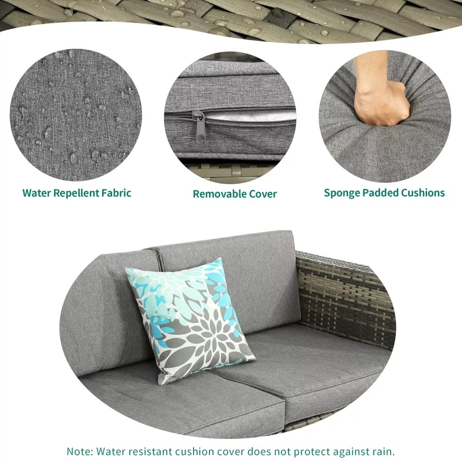 Patio Furniture Set, 7-Piece Outdoor Sectional with Waterproof Cover, All-Weather Wicker Patio Conversation Sets for Backyard (Grey with Grey Cushion)