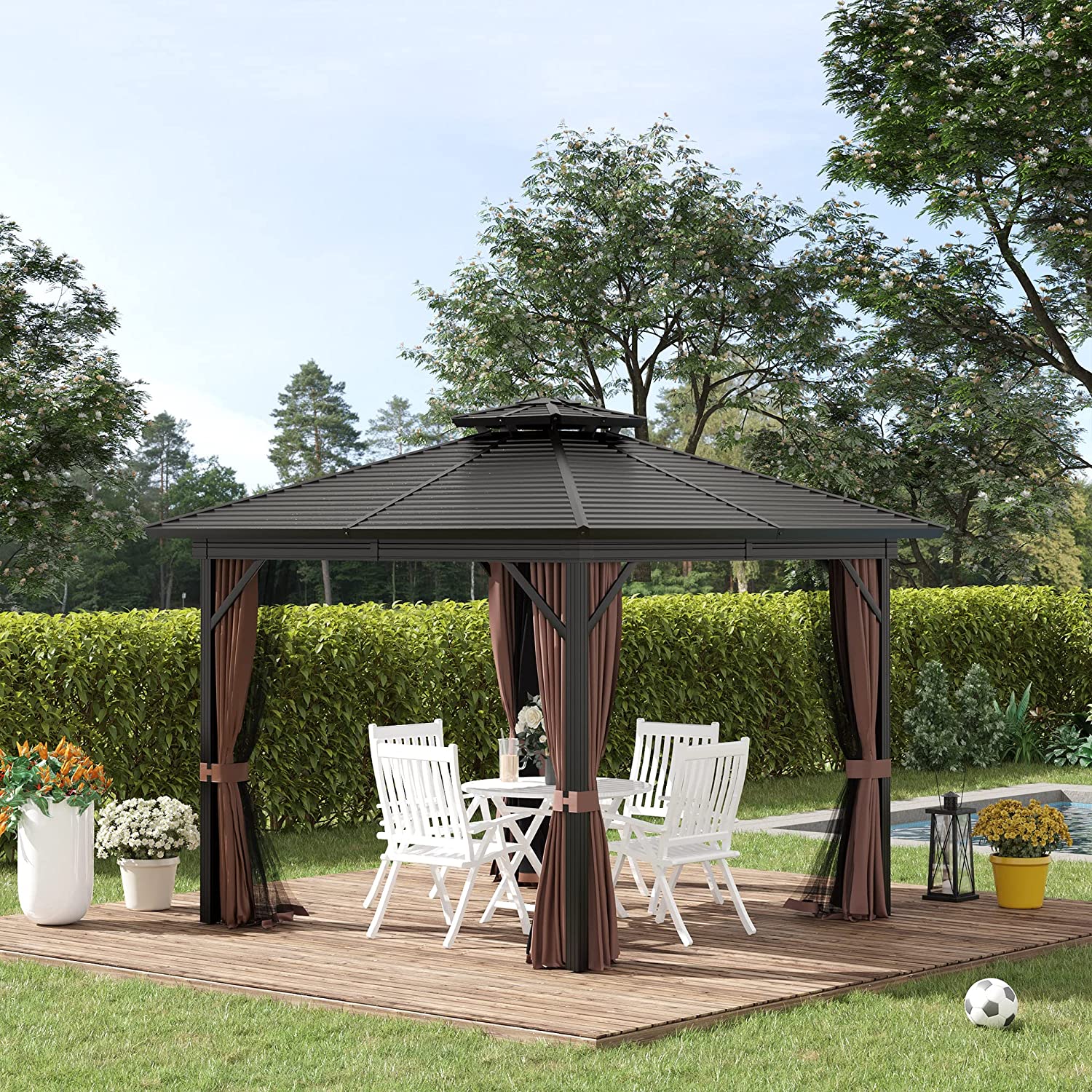【Gazebo】10x10 Hardtop Gazebo with Aluminum Frame, Permanent Metal Roof Gazebo Canopy w/ Curtains & Netting